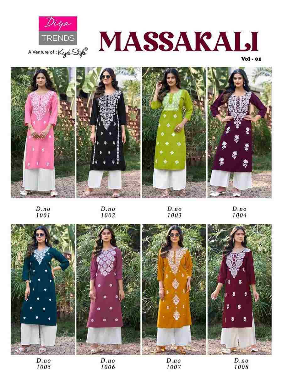 Massakali Vol-1 By Diya Trends 1001 To 1008 Series Designer Stylish Fancy Colorful Beautiful Party Wear & Ethnic Wear Collection Rayon Print Kurtis With Bottom At Wholesale Price
