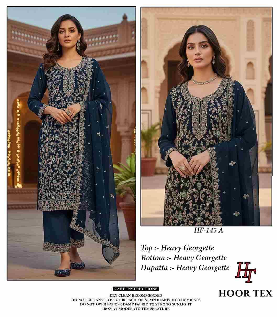 Hoor Tex Hit Design HF-145 Colours By Hoor Tex HF-145-A To HF-145-D Series Designer Festive Pakistani Suits Collection Beautiful Stylish Fancy Colorful Party Wear & Occasional Wear Heavy Georgette Embroidered Dresses At Wholesale Price