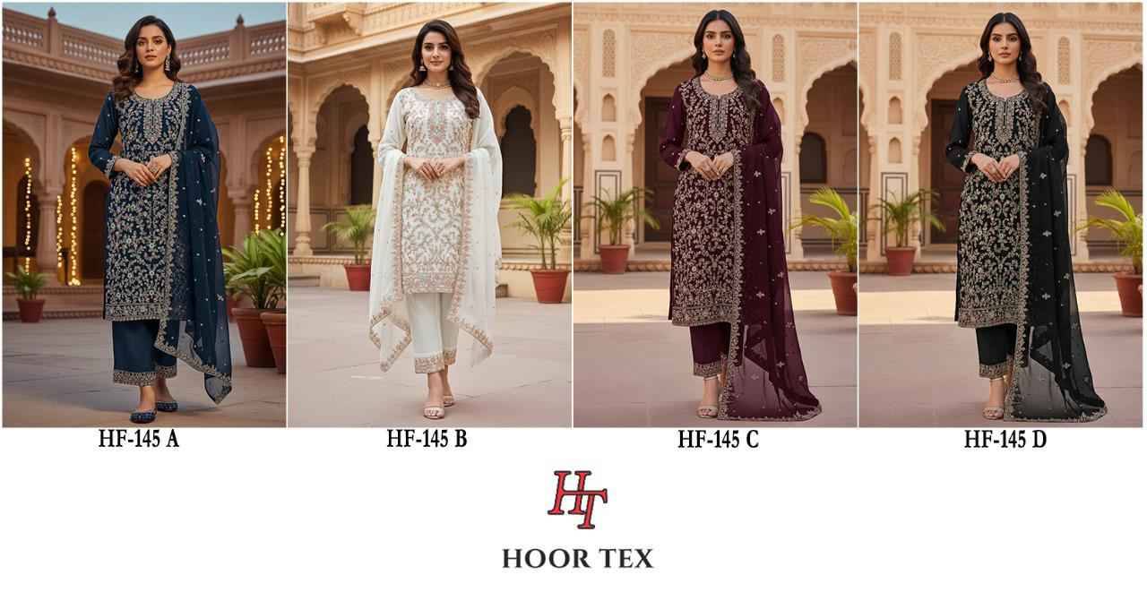 Hoor Tex Hit Design HF-145 Colours By Hoor Tex HF-145-A To HF-145-D Series Designer Festive Pakistani Suits Collection Beautiful Stylish Fancy Colorful Party Wear & Occasional Wear Heavy Georgette Embroidered Dresses At Wholesale Price