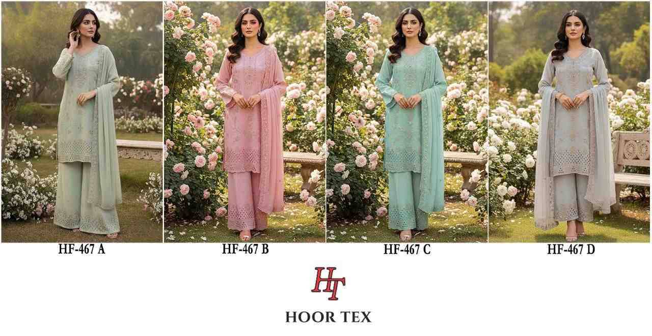 Hoor Tex Hit Design HF-467 Colours By Hoor Tex HF-467-A To HF-467-D Series Designer Festive Pakistani Suits Collection Beautiful Stylish Fancy Colorful Party Wear & Occasional Wear Heavy Georgette With Embroidered Dresses At Wholesale Price