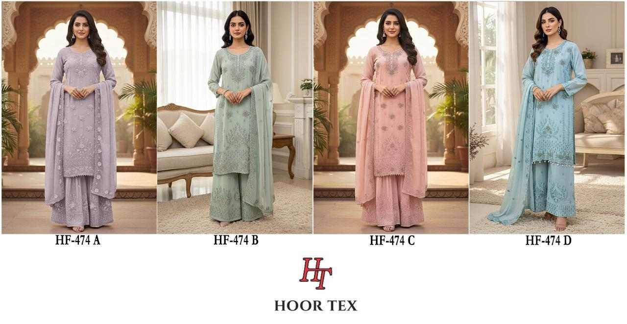Hoor Tex Hit Design HF-474 Colours By Hoor Tex HF-474-A To HF-474-D Series Designer Festive Pakistani Suits Collection Beautiful Stylish Fancy Colorful Party Wear & Occasional Wear Heavy Georgette With Embroidered Dresses At Wholesale Price