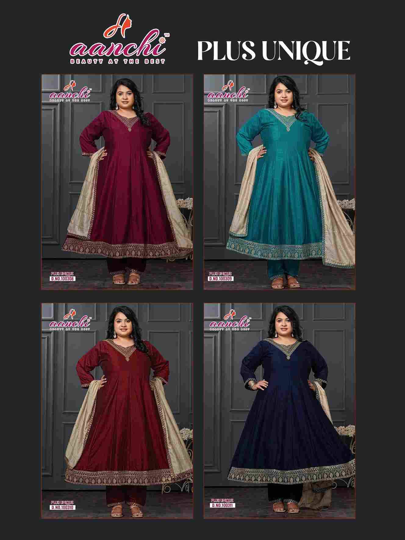 Plus Unique By Aanchi Combo Set 100308 To 100311 Series Beautiful Stylish Festive Suits Fancy Colorful Casual Wear & Ethnic Wear & Ready To Wear Vichitra Silk Dresses At Wholesale Price