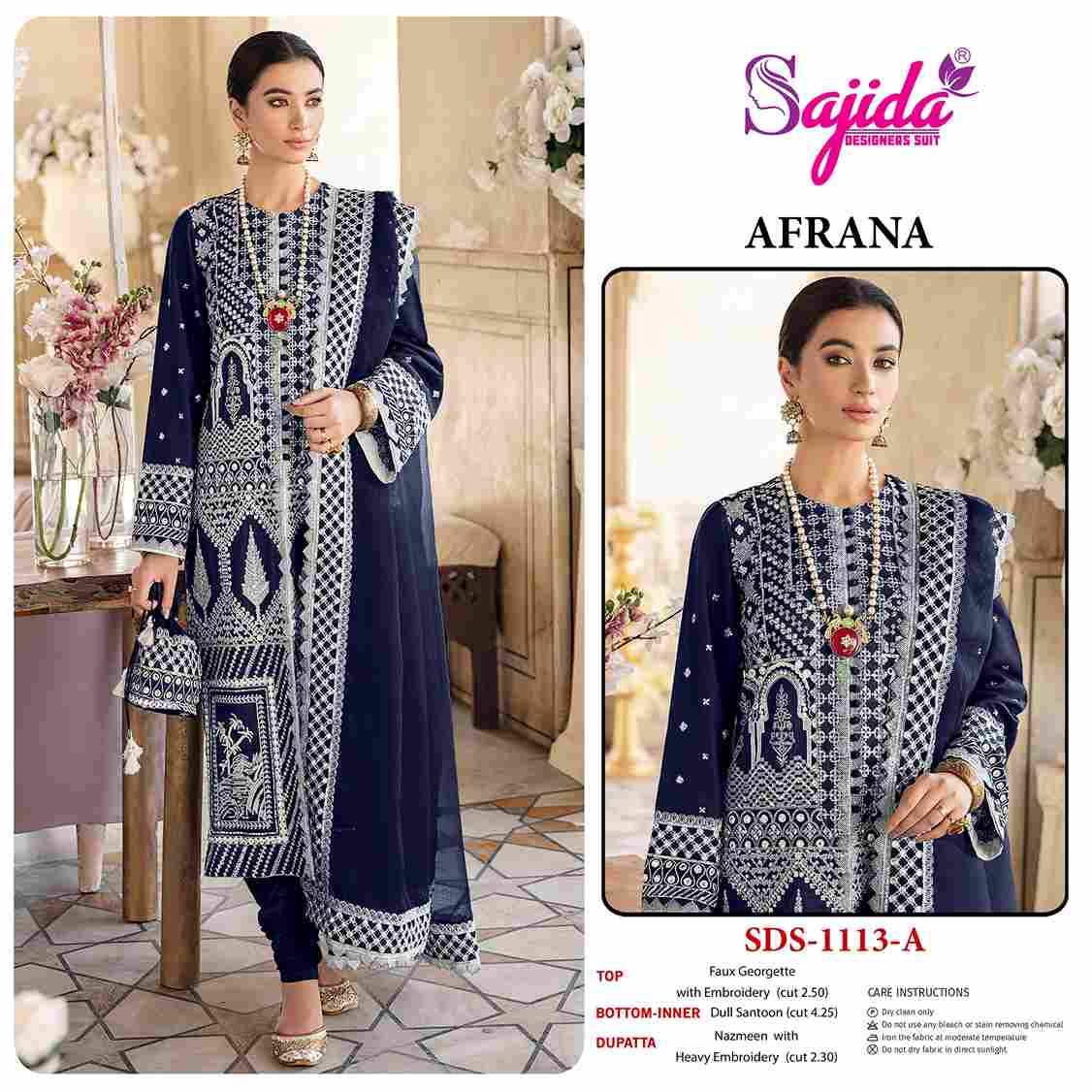 Afrana By Sajida Designer Suit 1113-A To 1113-D Series Beautiful Pakistani Suits Colorful Stylish Fancy Casual Wear & Ethnic Wear Faux Georgette Embroidered Dresses At Wholesale Price