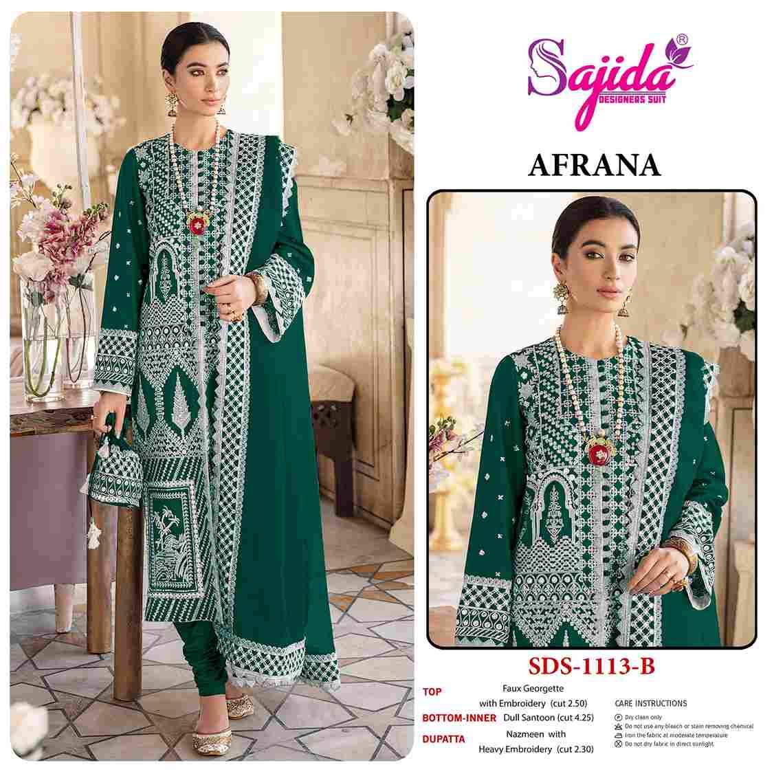 Afrana By Sajida Designer Suit 1113-A To 1113-D Series Beautiful Pakistani Suits Colorful Stylish Fancy Casual Wear & Ethnic Wear Faux Georgette Embroidered Dresses At Wholesale Price