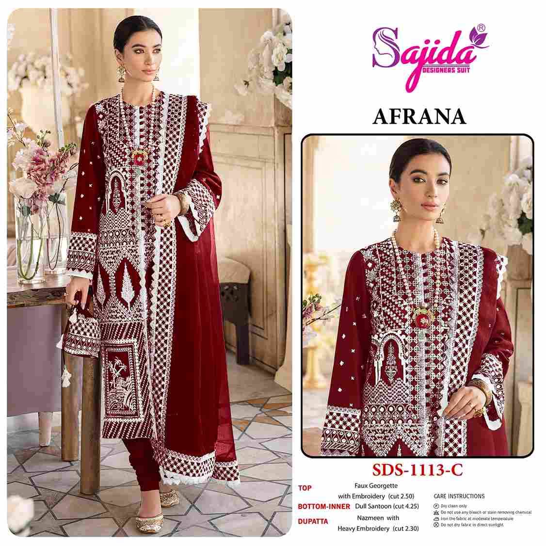 Afrana By Sajida Designer Suit 1113-A To 1113-D Series Beautiful Pakistani Suits Colorful Stylish Fancy Casual Wear & Ethnic Wear Faux Georgette Embroidered Dresses At Wholesale Price