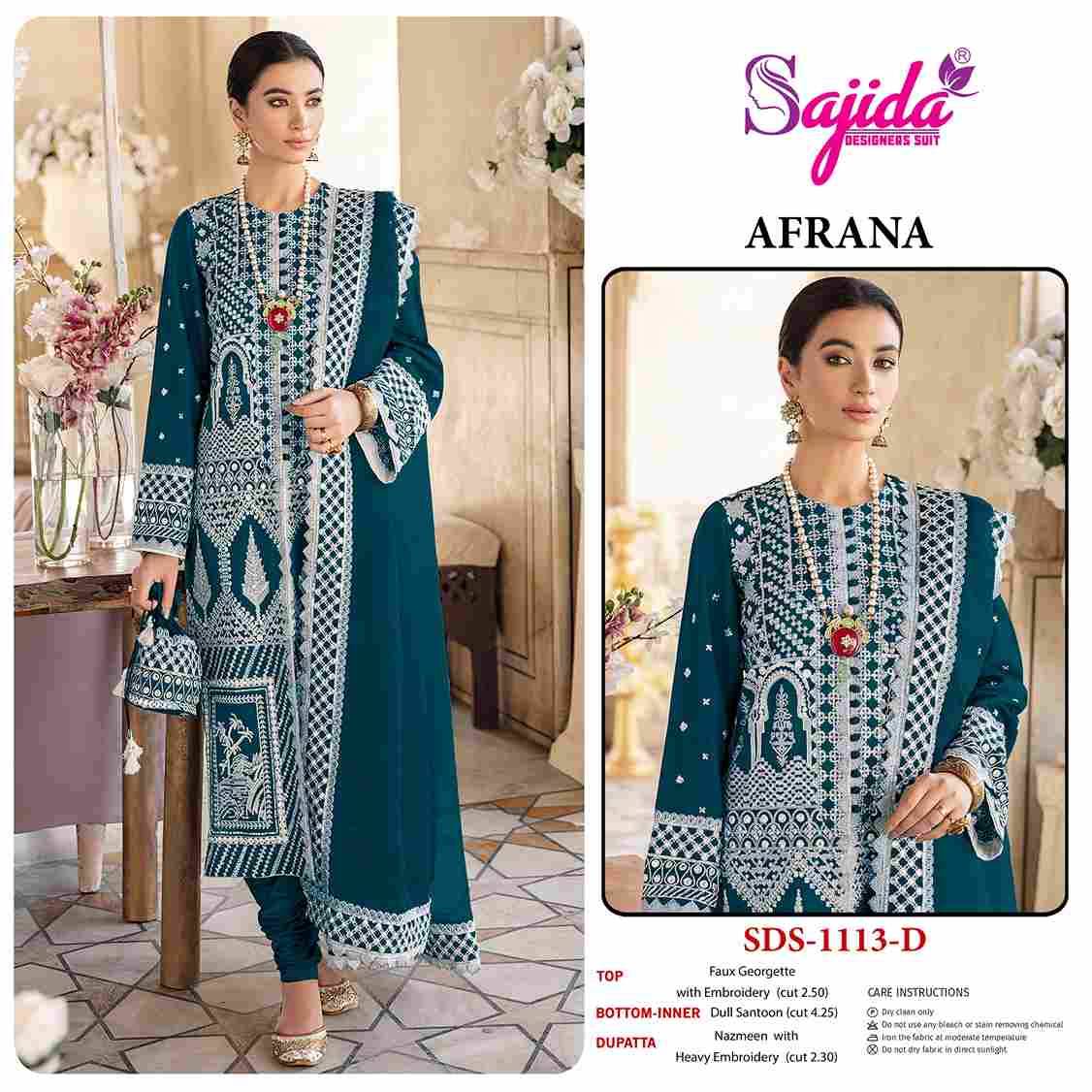 Afrana By Sajida Designer Suit 1113-A To 1113-D Series Beautiful Pakistani Suits Colorful Stylish Fancy Casual Wear & Ethnic Wear Faux Georgette Embroidered Dresses At Wholesale Price