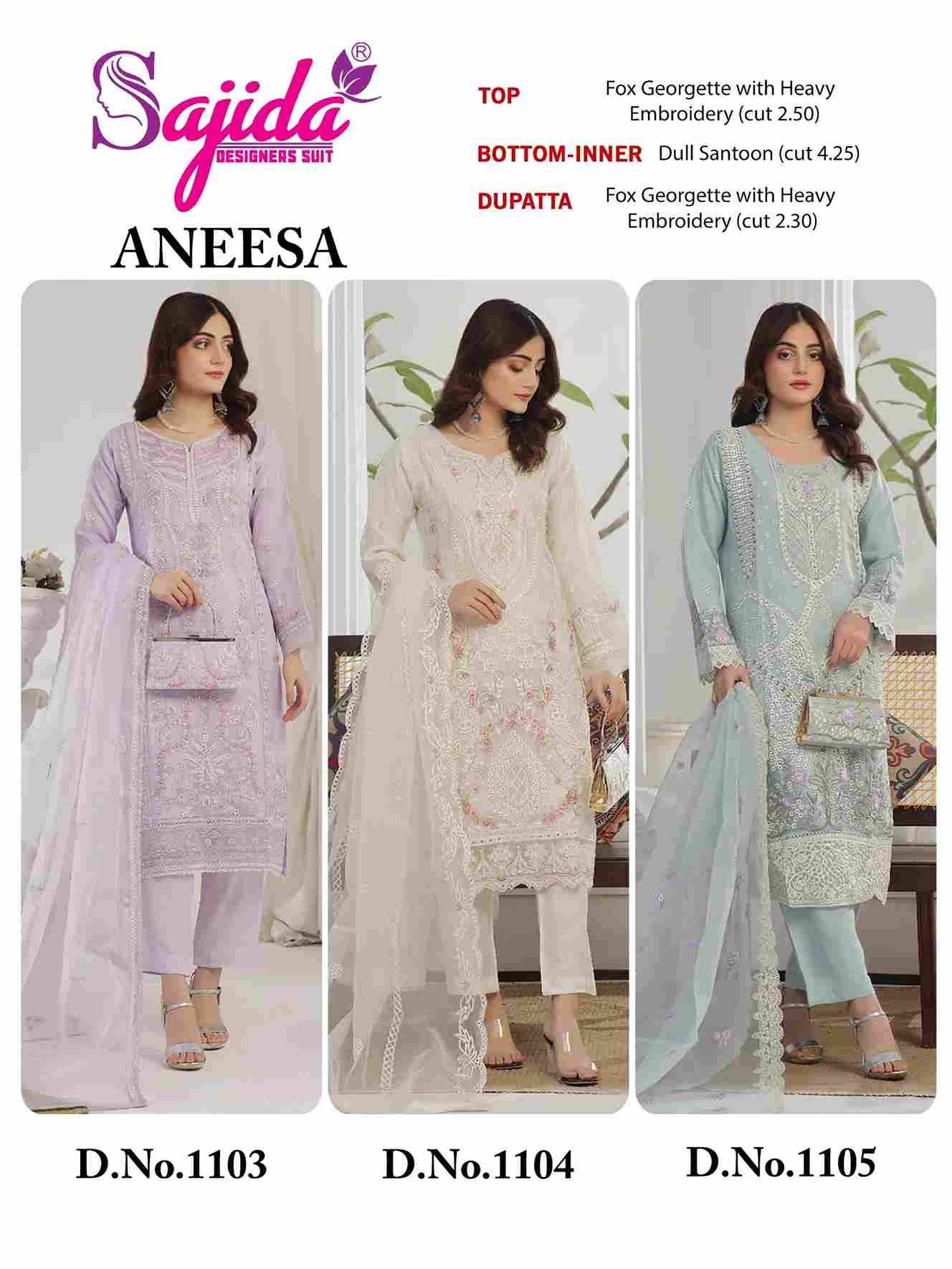 Aneesa By Sajida Designer Suit 1103 To 1105 Series Beautiful Pakistani Suits Colorful Stylish Fancy Casual Wear & Ethnic Wear Faux Georgette Embroidered Dresses At Wholesale Price