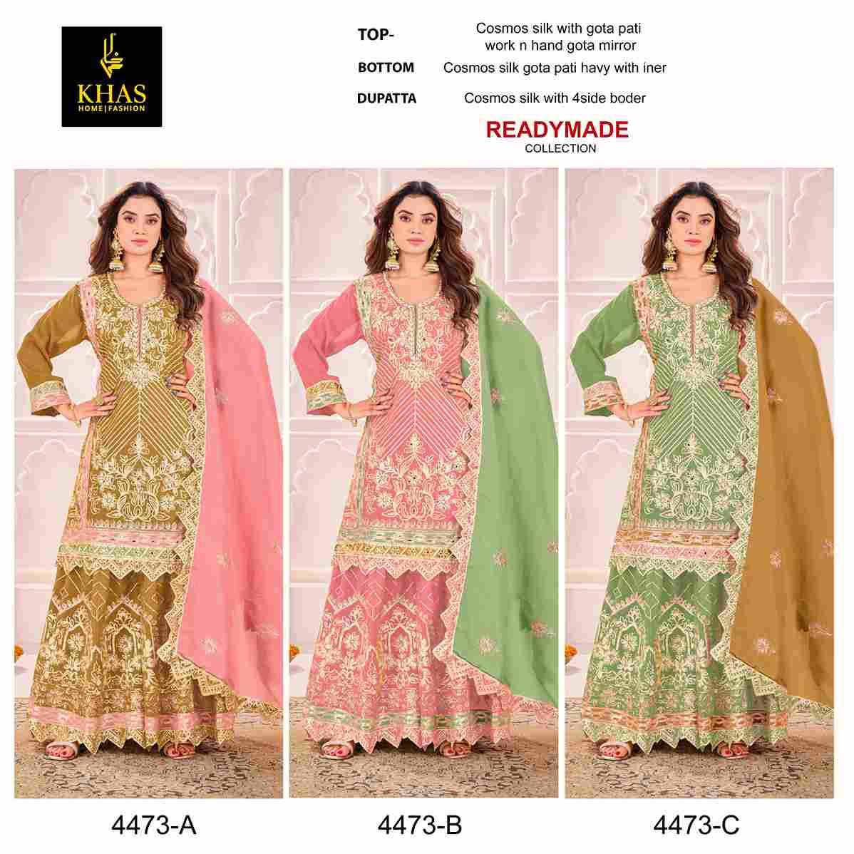 Khas 4473 Colours By Khas 4473-A To 4473-C Series Beautiful Pakistani Suits Colorful Stylish Fancy Casual Wear & Ethnic Wear Cosmos Silk Dresses At Wholesale Price