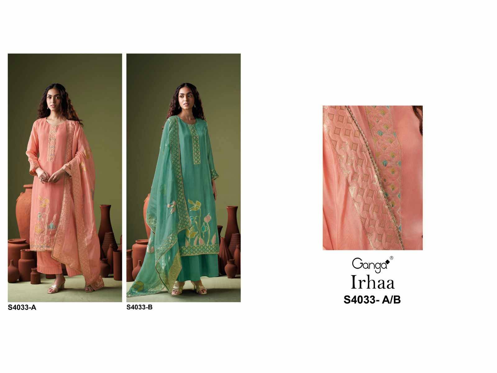 Irhaa-4033 By Ganga Fashion 4033-A To 4033-B Series Beautiful Festive Suits Stylish Colorful Fancy Casual Wear & Ethnic Wear Premium Organza Silk Jacquard Dresses At Wholesale Price