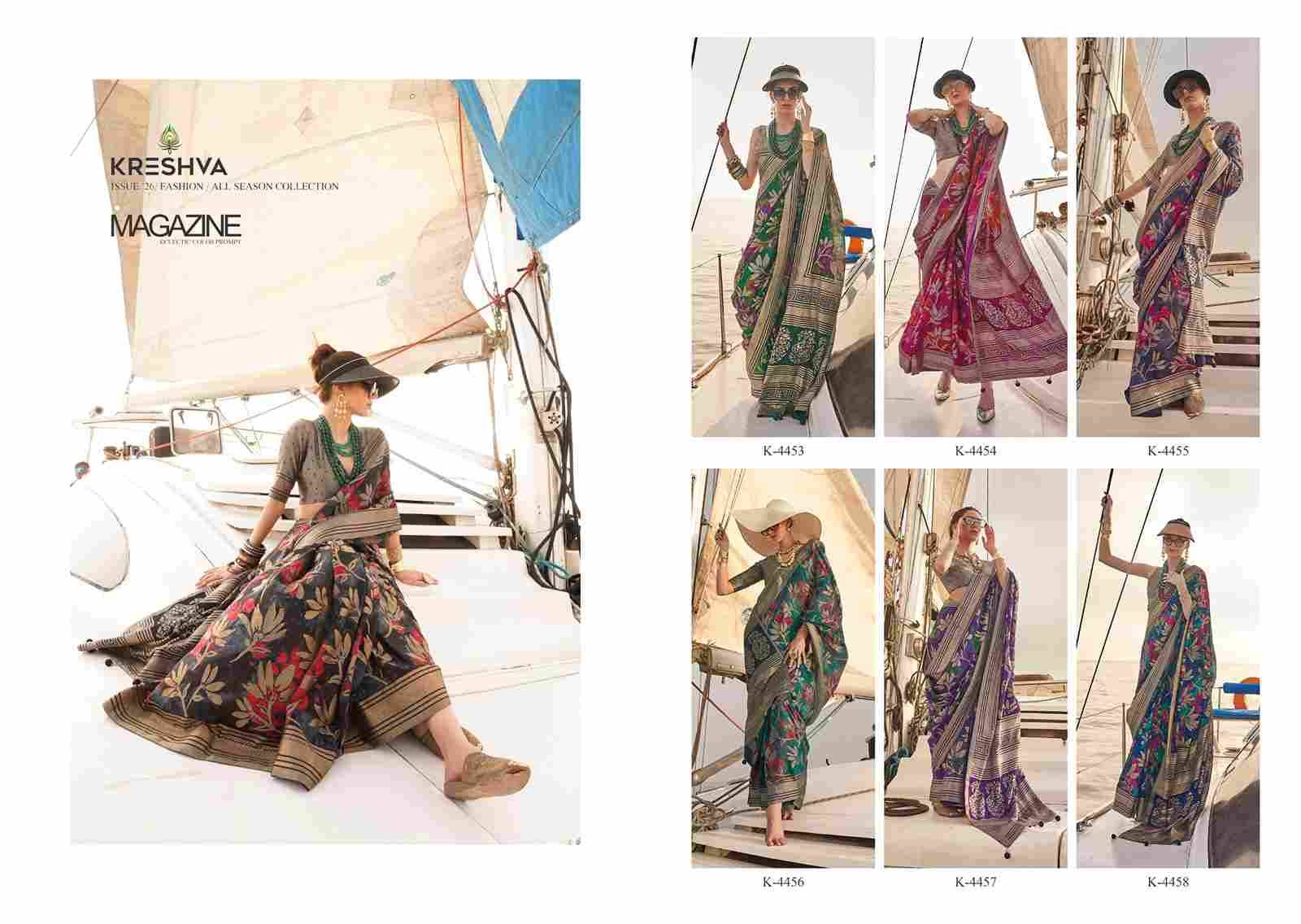 Magazine By Kreshva 4453 To 4458 Series Indian Traditional Wear Collection Beautiful Stylish Fancy Colorful Party Wear & Occasional Wear Georgette Sarees At Wholesale Price