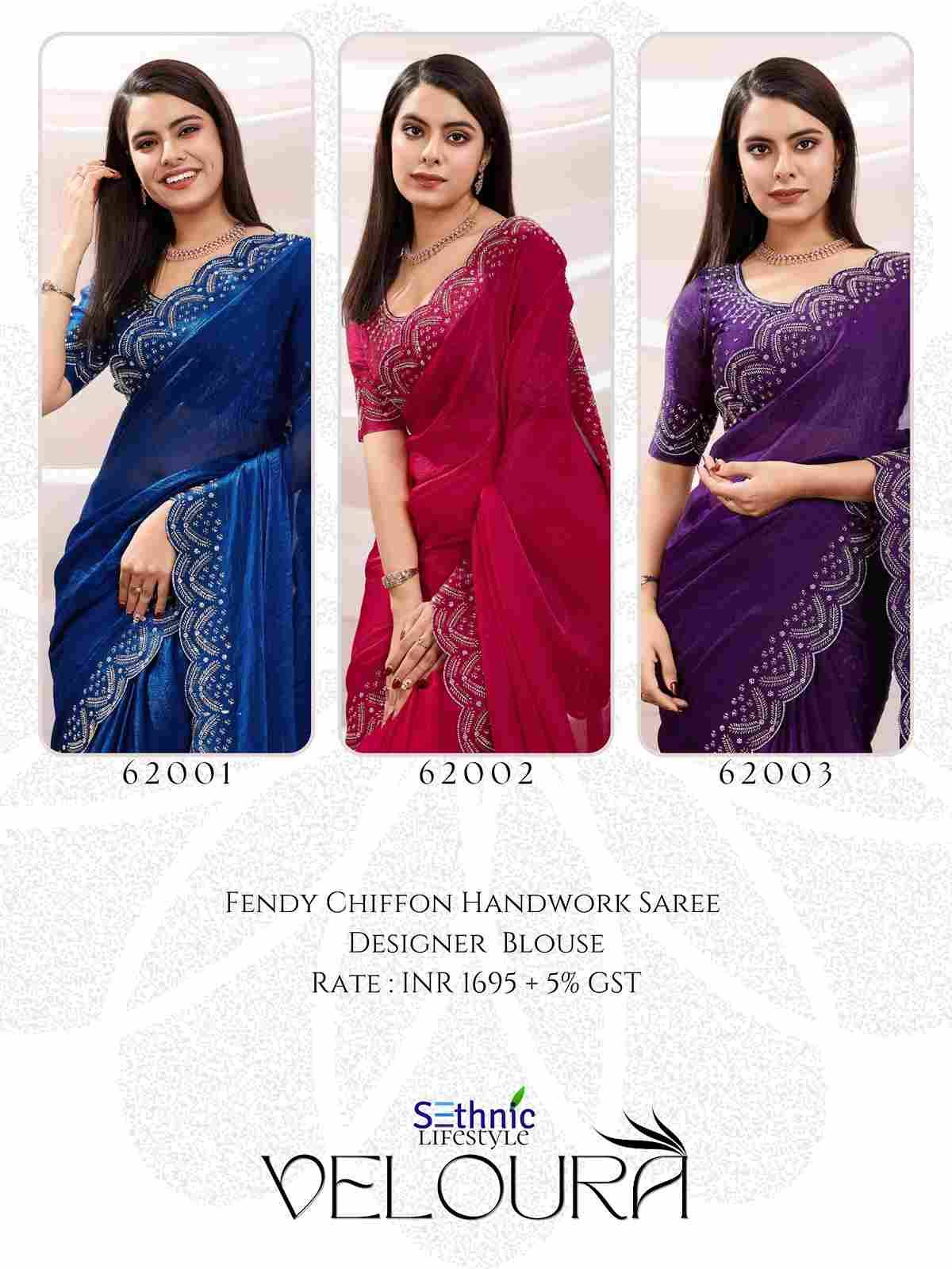 Veloura By Sethnic 62001 To 62003 Series Indian Traditional Wear Collection Beautiful Stylish Fancy Colorful Party Wear & Occasional Wear Velvet Chiffon Sarees At Wholesale Price
