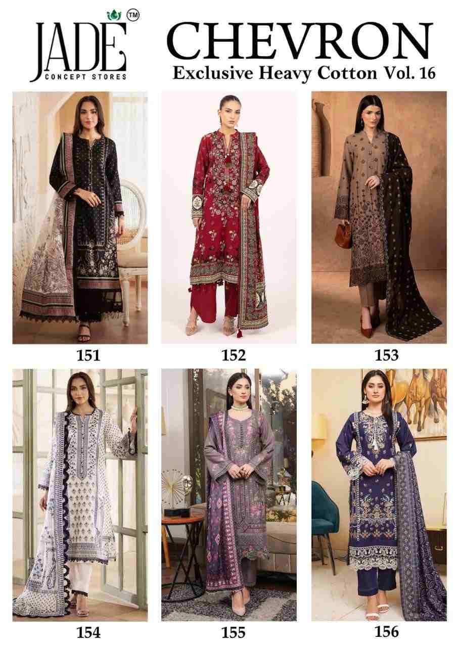 Chevron Vol-16 By Jade 151 To 156 Series Beautiful Festive Suits Colorful Stylish Fancy Casual Wear & Ethnic Wear Pure Cotton Embroidered Dresses At Wholesale Price