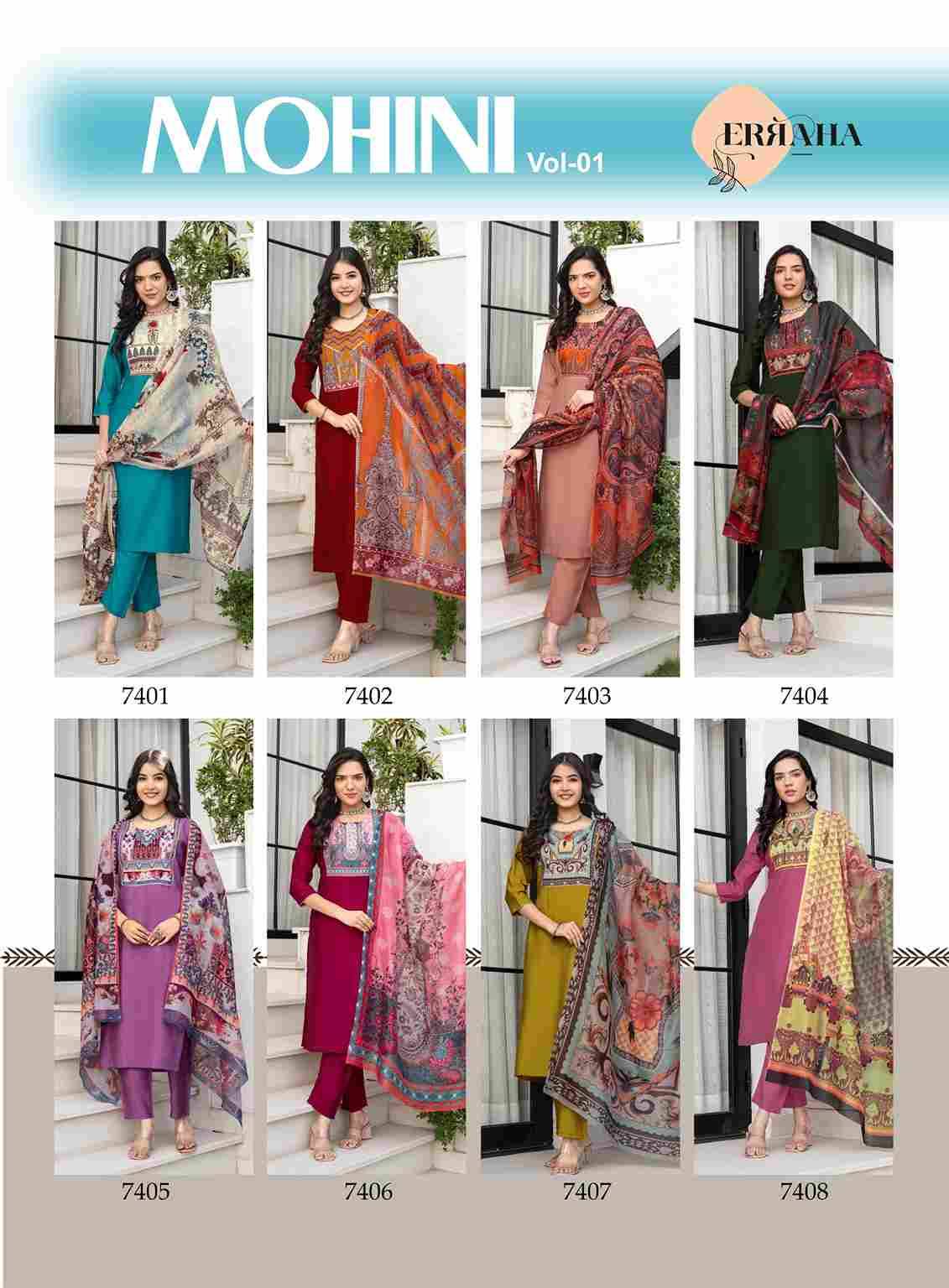 Mohini Vol-1 By Erraha 7401 To 7408 Series Festive Suits Collection Beautiful Stylish Fancy Colorful Party Wear & Occasional Wear Roman Silk Dresses At Wholesale Price