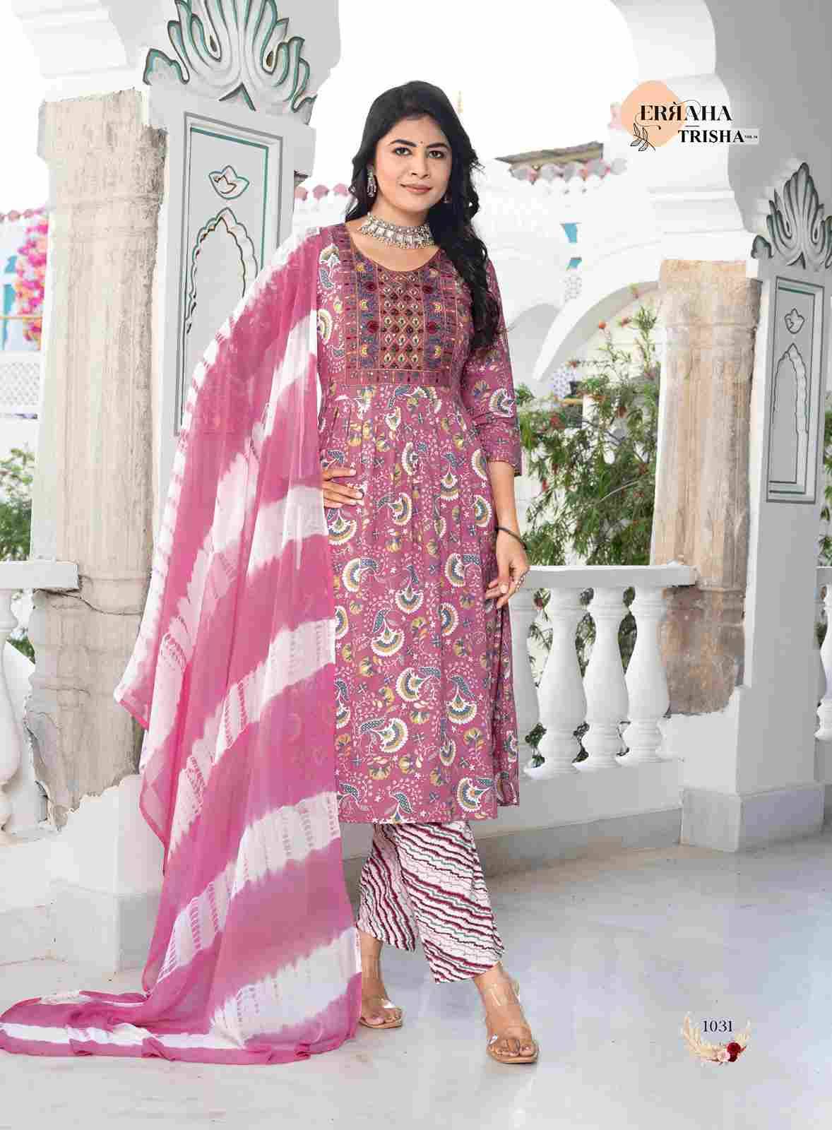 Trisha Vol-4 By Erraha 1031 To 1038 Series Festive Suits Collection Beautiful Stylish Fancy Colorful Party Wear & Occasional Wear Rayon Dresses At Wholesale Price