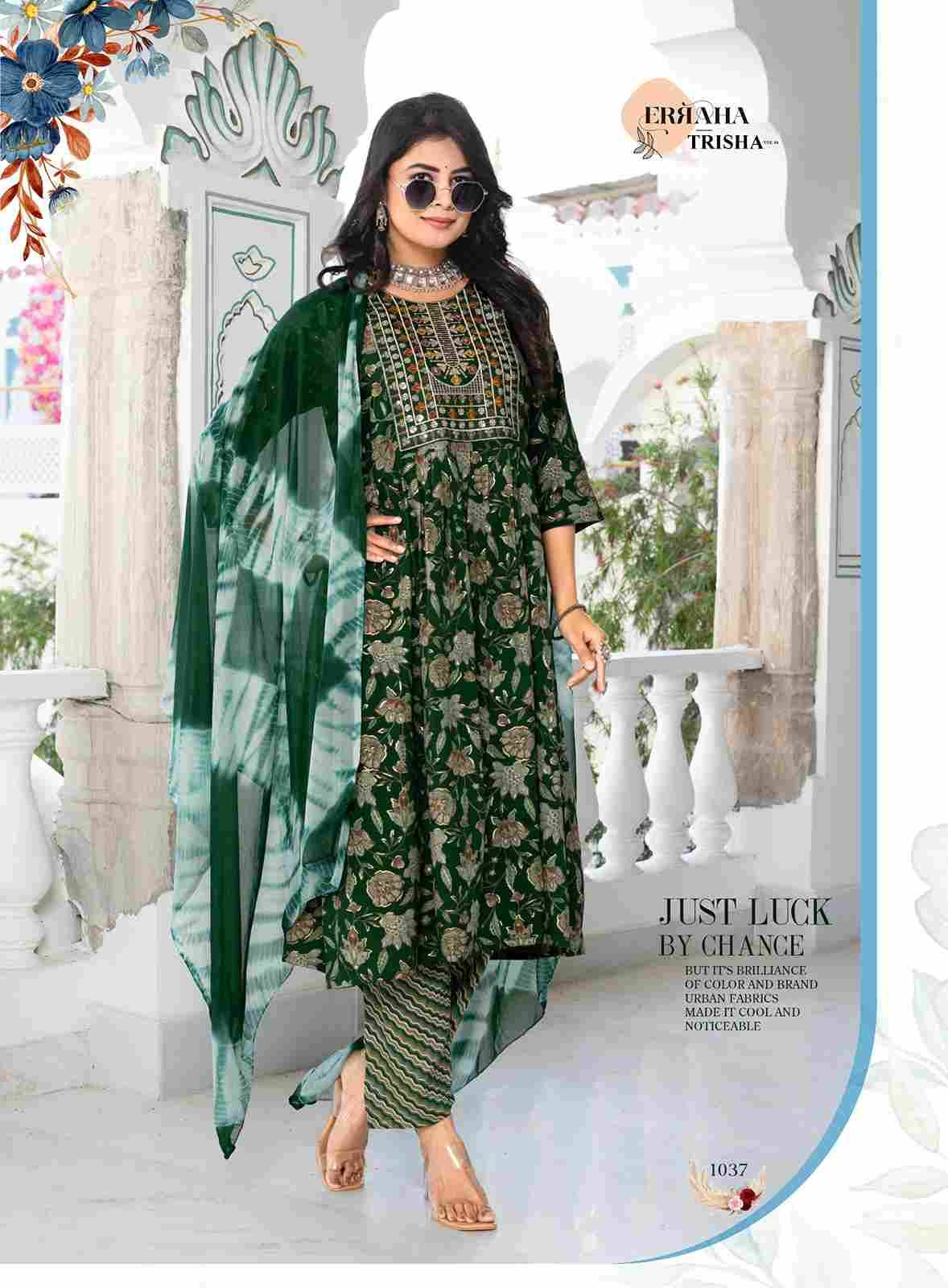 Trisha Vol-4 By Erraha 1031 To 1038 Series Festive Suits Collection Beautiful Stylish Fancy Colorful Party Wear & Occasional Wear Rayon Dresses At Wholesale Price