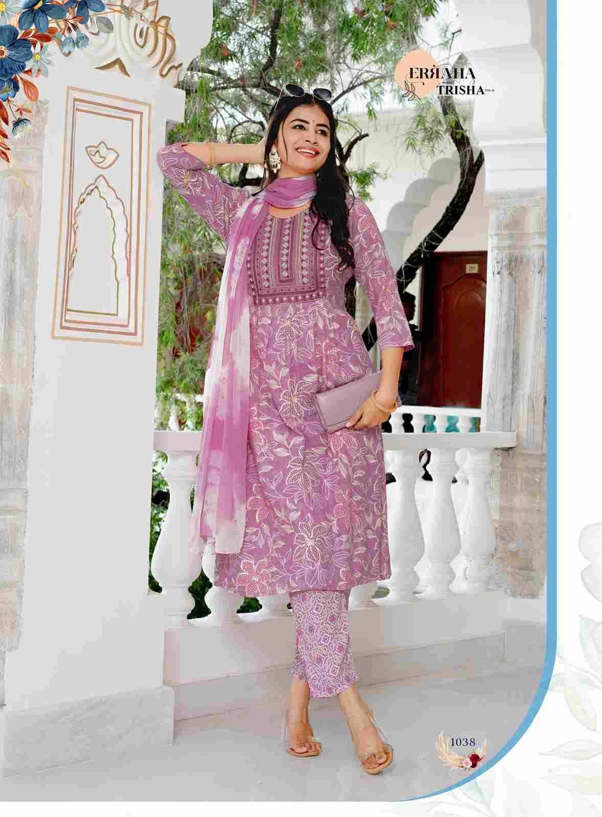 Trisha Vol-4 By Erraha 1031 To 1038 Series Festive Suits Collection Beautiful Stylish Fancy Colorful Party Wear & Occasional Wear Rayon Dresses At Wholesale Price