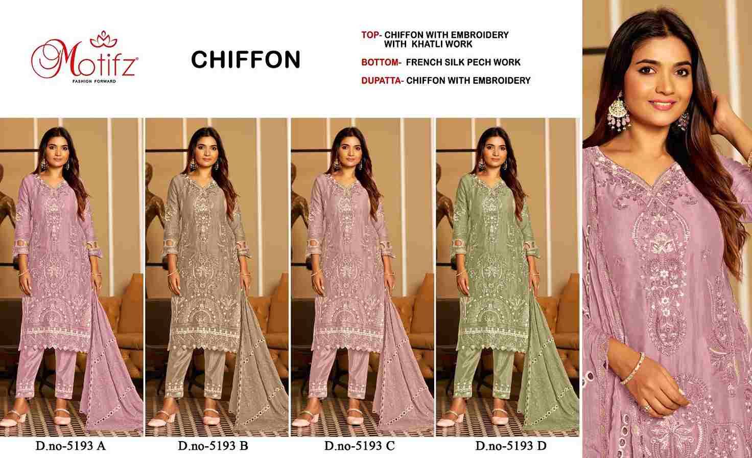 Motifz Hit Design 5193 Colours By Motifz 5193-A To 5193-D Series Beautiful Pakistani Suits Colorful Stylish Fancy Casual Wear & Ethnic Wear Chiffon Dresses At Wholesale Price