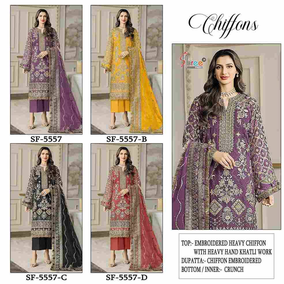 Shree Fabs Hit Design SF-5557 Colours By Shree Fabs SF-5557-A To SF-5557-D Series Beautiful Stylish Pakistani Suits Fancy Colorful Casual Wear & Ethnic Wear & Ready To Wear Chiffon Embroidery Dresses At Wholesale Price