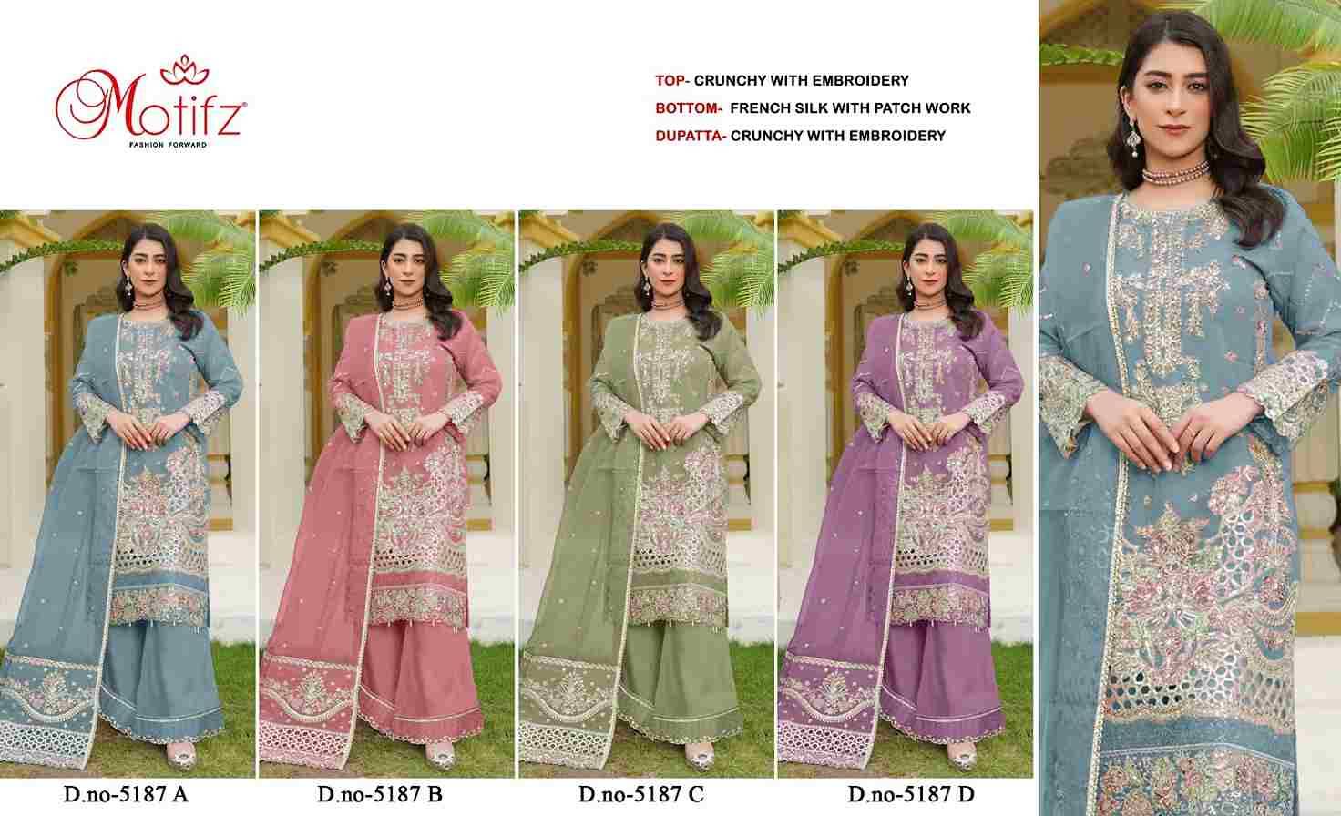 Motifz Hit Design 5187 Colours By Motifz 5187-A To 5187-D Series Beautiful Pakistani Suits Colorful Stylish Fancy Casual Wear & Ethnic Wear Crunchy Dresses At Wholesale Price