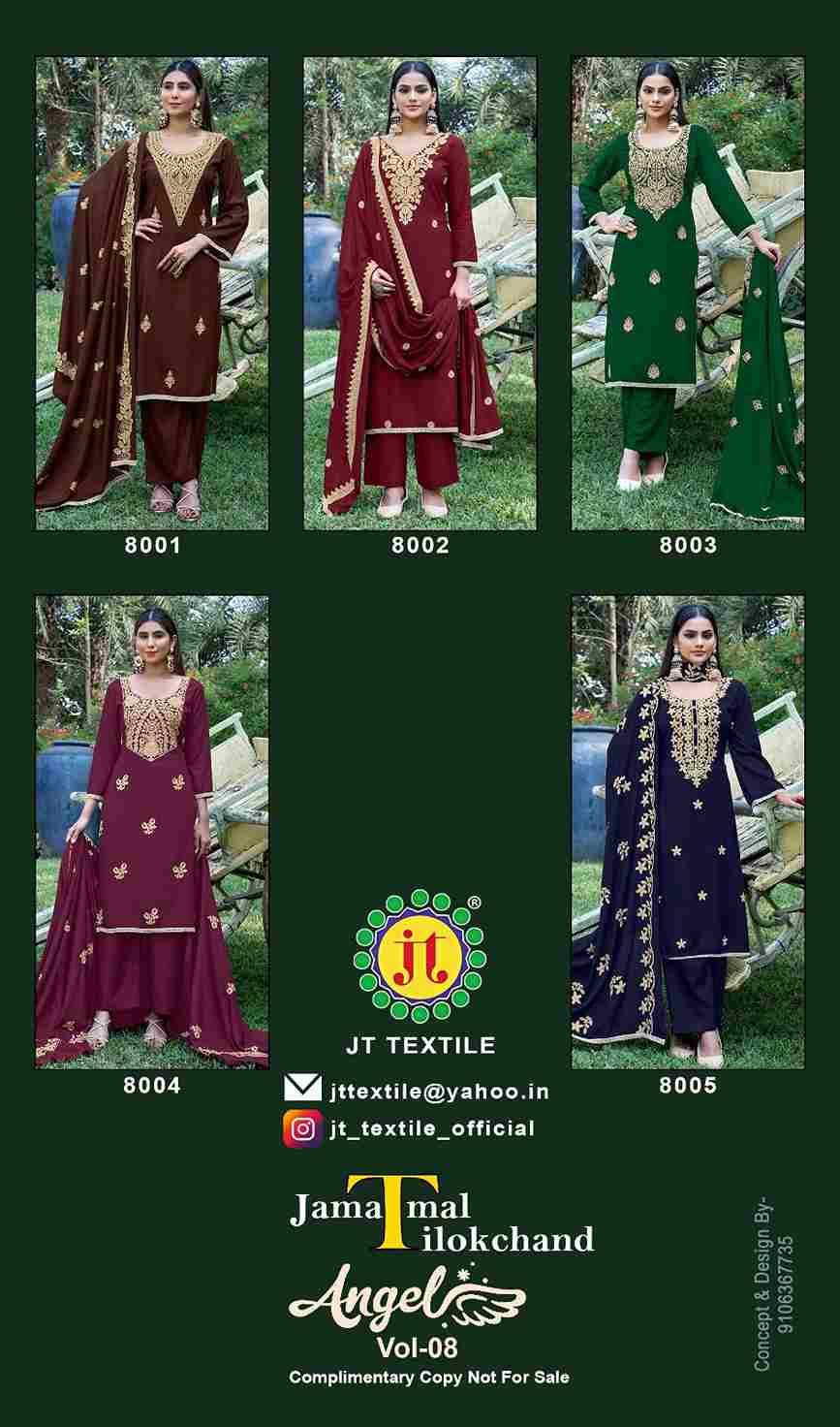 Angel Vol-8 By JT 8001 To 8005 Series Beautiful Festive Suits Colorful Stylish Fancy Casual Wear & Ethnic Wear Rayon Dresses At Wholesale Price