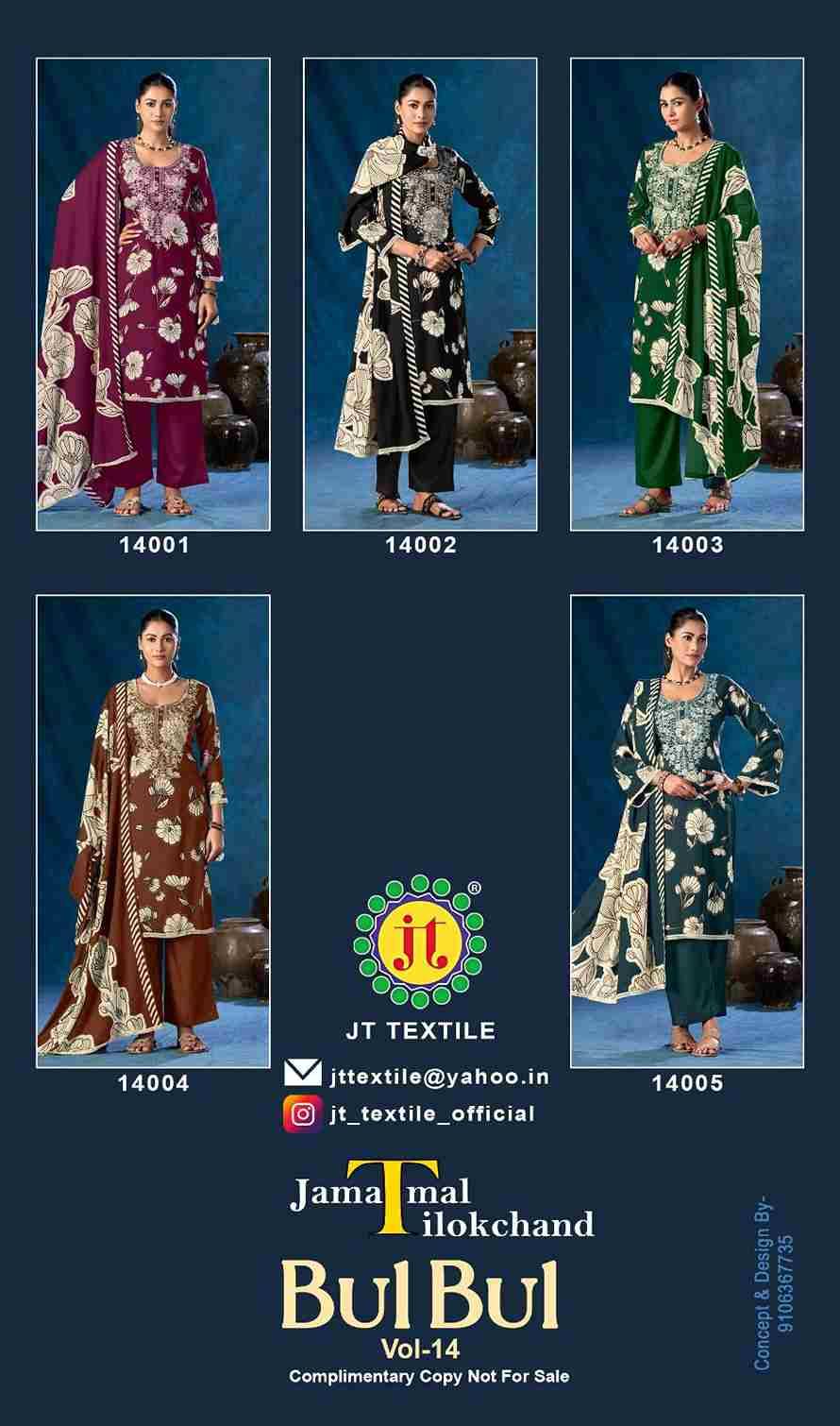 Bulbul Vol-14 By JT 14001 To 14005 Series Beautiful Festive Suits Colorful Stylish Fancy Casual Wear & Ethnic Wear Rayon Dresses At Wholesale Price