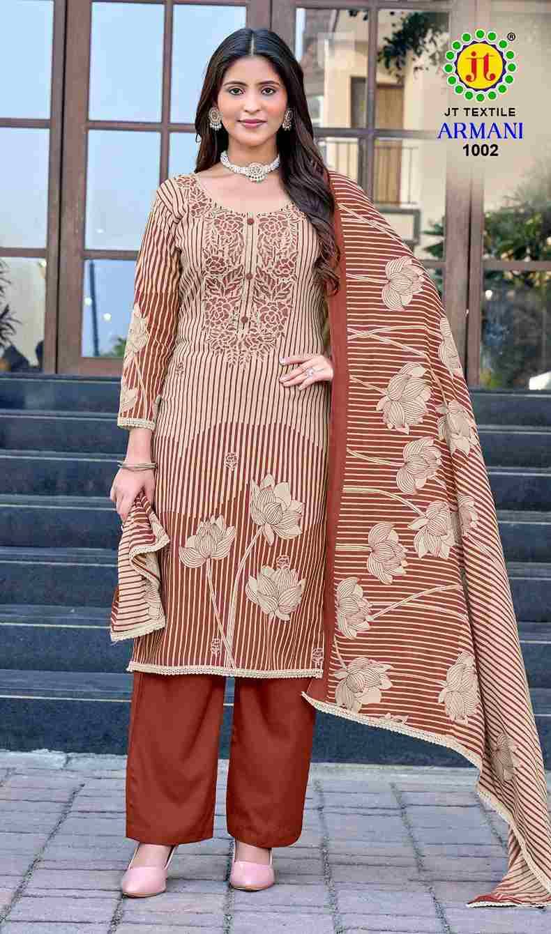 Armani Vol-1 By JT 1001 To 1005 Series Beautiful Festive Suits Colorful Stylish Fancy Casual Wear & Ethnic Wear Rayon Dresses At Wholesale Price