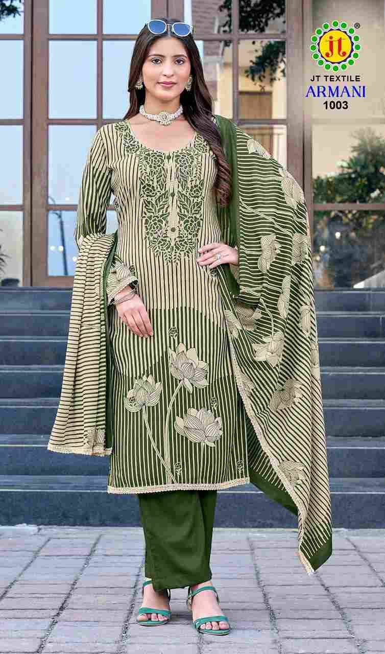 Armani Vol-1 By JT 1001 To 1005 Series Beautiful Festive Suits Colorful Stylish Fancy Casual Wear & Ethnic Wear Rayon Dresses At Wholesale Price