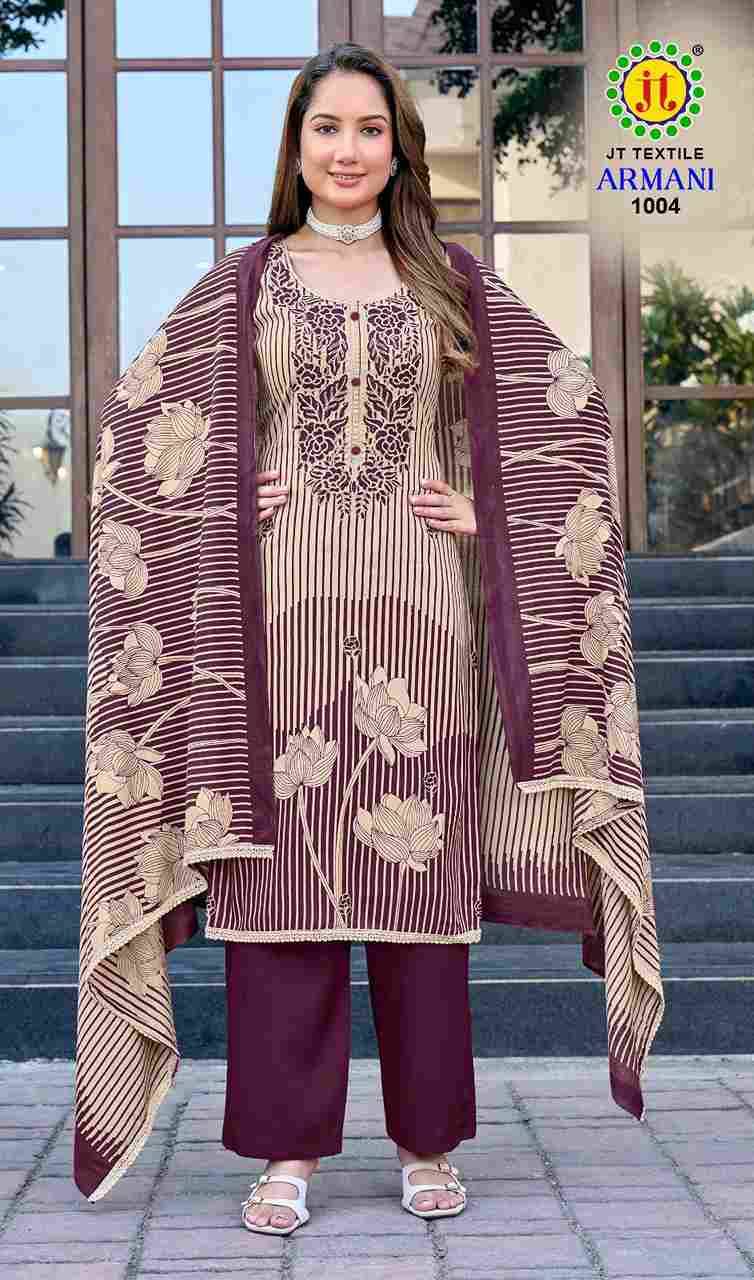 Armani Vol-1 By JT 1001 To 1005 Series Beautiful Festive Suits Colorful Stylish Fancy Casual Wear & Ethnic Wear Rayon Dresses At Wholesale Price