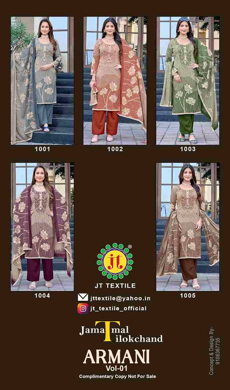 Armani Vol-1 By JT 1001 To 1005 Series Beautiful Festive Suits Colorful Stylish Fancy Casual Wear & Ethnic Wear Rayon Dresses At Wholesale Price