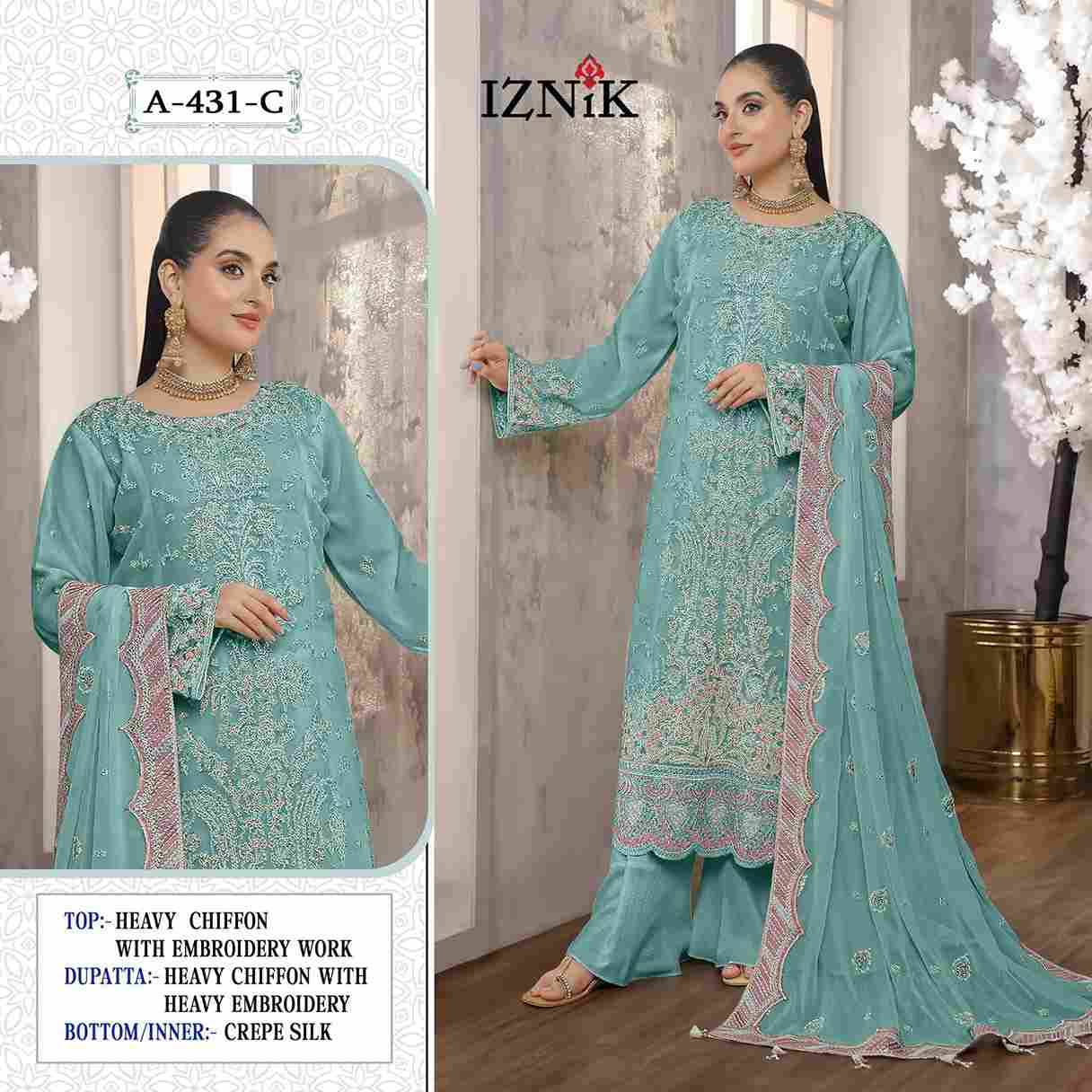 Iznik 431 Colours By Iznik Fab 431-A To 431-D Series Designer Pakistani Suits Beautiful Stylish Fancy Colorful Party Wear & Occasional Wear Chiffon With Embroidery Dresses At Wholesale Price