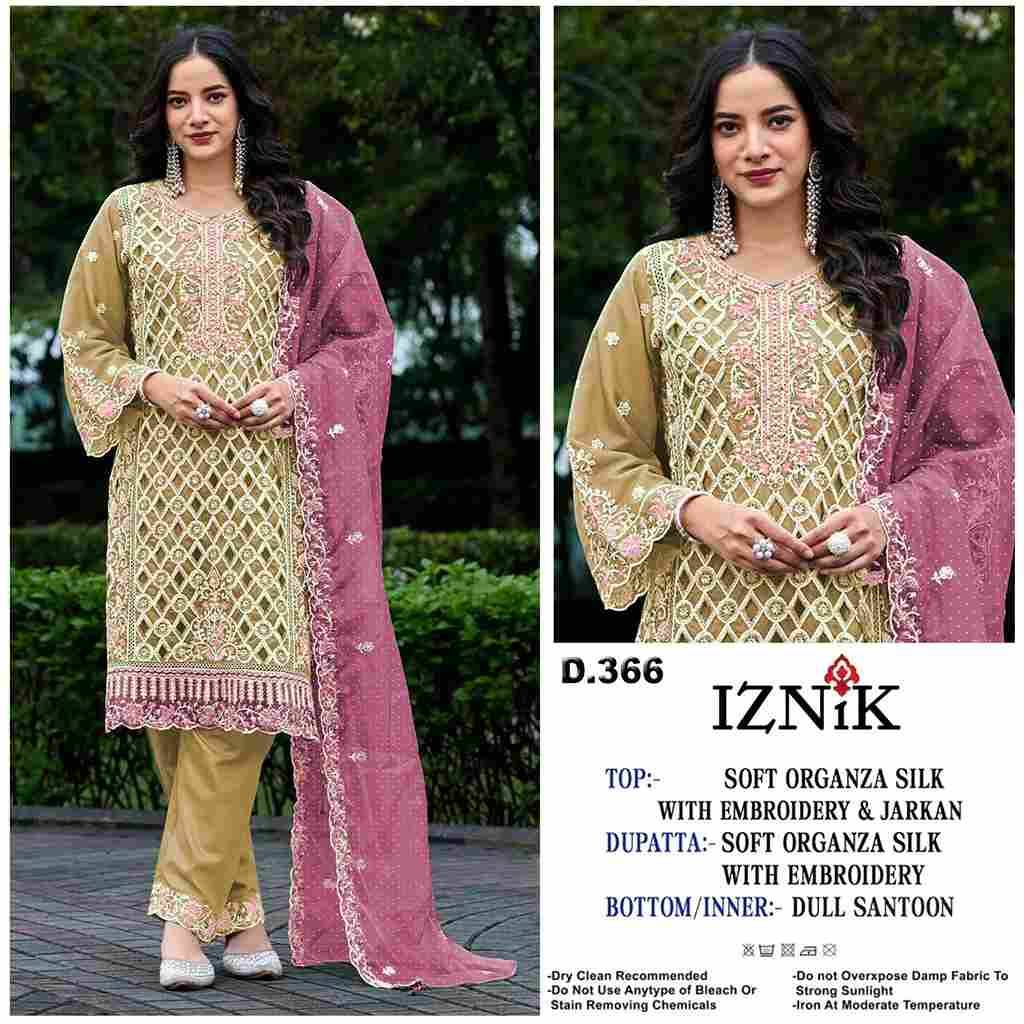 Iznik 366 Colours By Iznik Fab 366-A To 366-D Series Designer Pakistani Suits Beautiful Stylish Fancy Colorful Party Wear & Occasional Wear Organza Silk With Embroidery Dresses At Wholesale Price