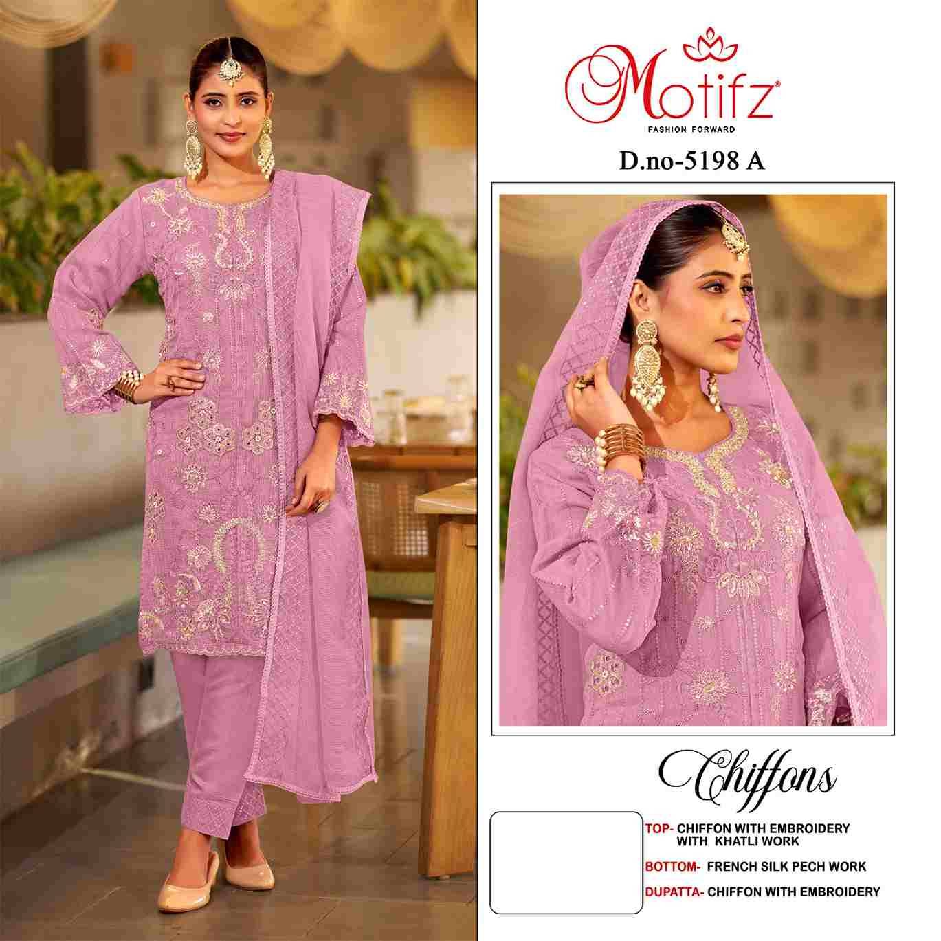 Motifz Hit Design 5198 Colours By Motifz 5198-A To 5198-D Series Beautiful Pakistani Suits Colorful Stylish Fancy Casual Wear & Ethnic Wear Chiffon Dresses At Wholesale Price