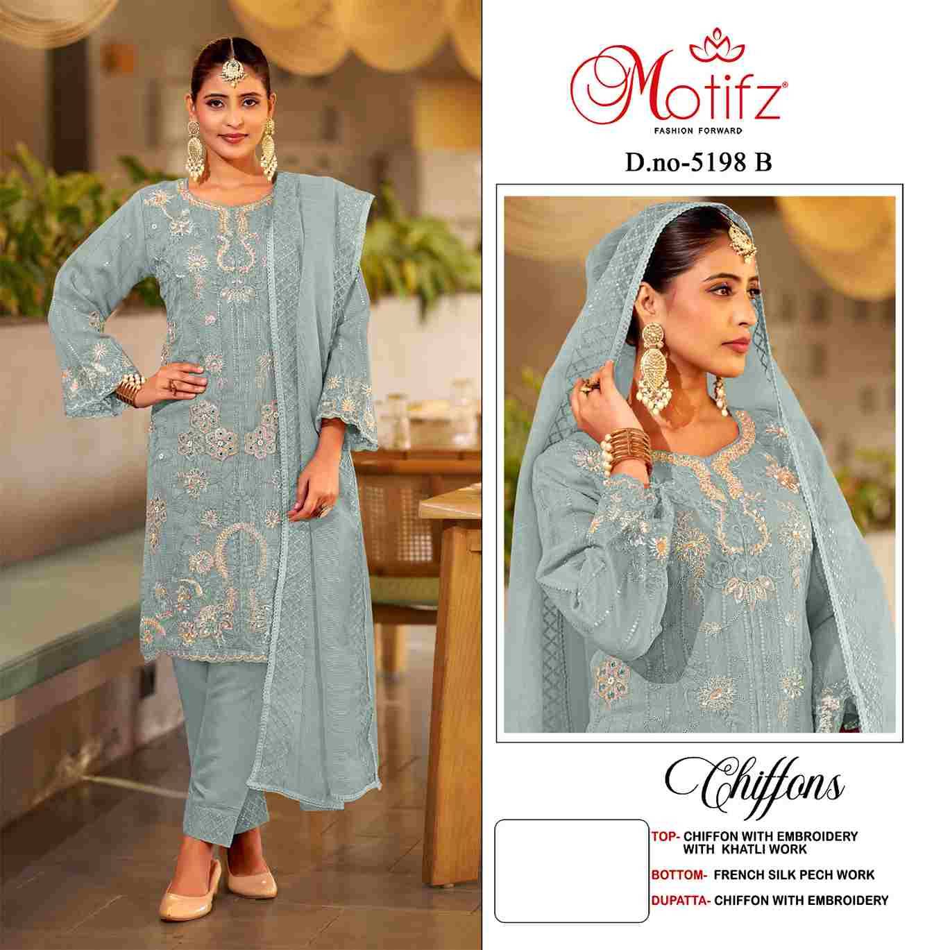 Motifz Hit Design 5198 Colours By Motifz 5198-A To 5198-D Series Beautiful Pakistani Suits Colorful Stylish Fancy Casual Wear & Ethnic Wear Chiffon Dresses At Wholesale Price
