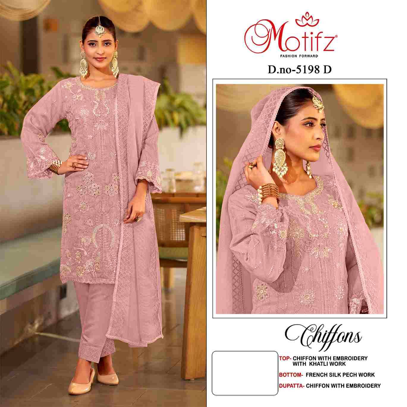 Motifz Hit Design 5198 Colours By Motifz 5198-A To 5198-D Series Beautiful Pakistani Suits Colorful Stylish Fancy Casual Wear & Ethnic Wear Chiffon Dresses At Wholesale Price