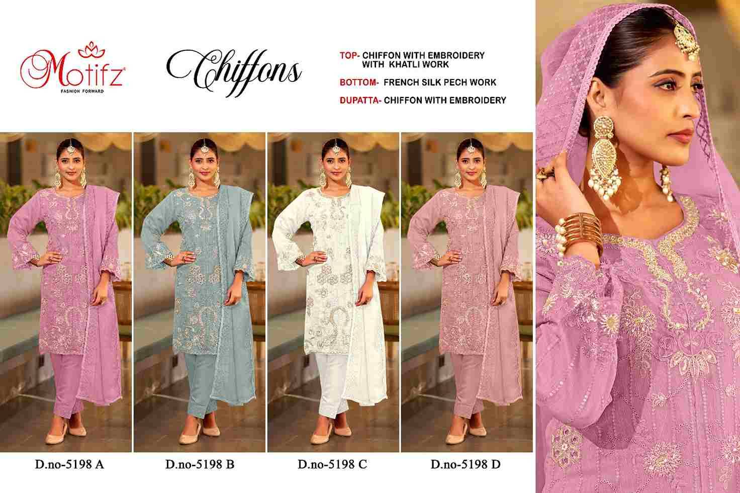 Motifz Hit Design 5198 Colours By Motifz 5198-A To 5198-D Series Beautiful Pakistani Suits Colorful Stylish Fancy Casual Wear & Ethnic Wear Chiffon Dresses At Wholesale Price