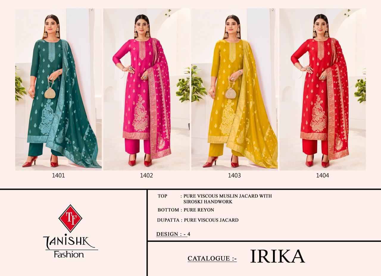 Irika By Tanishk Fashion 1401 To 1404 Series Beautiful Festive Suits Colorful Stylish Fancy Casual Wear & Ethnic Wear Muslin Jacquard Dresses At Wholesale Price