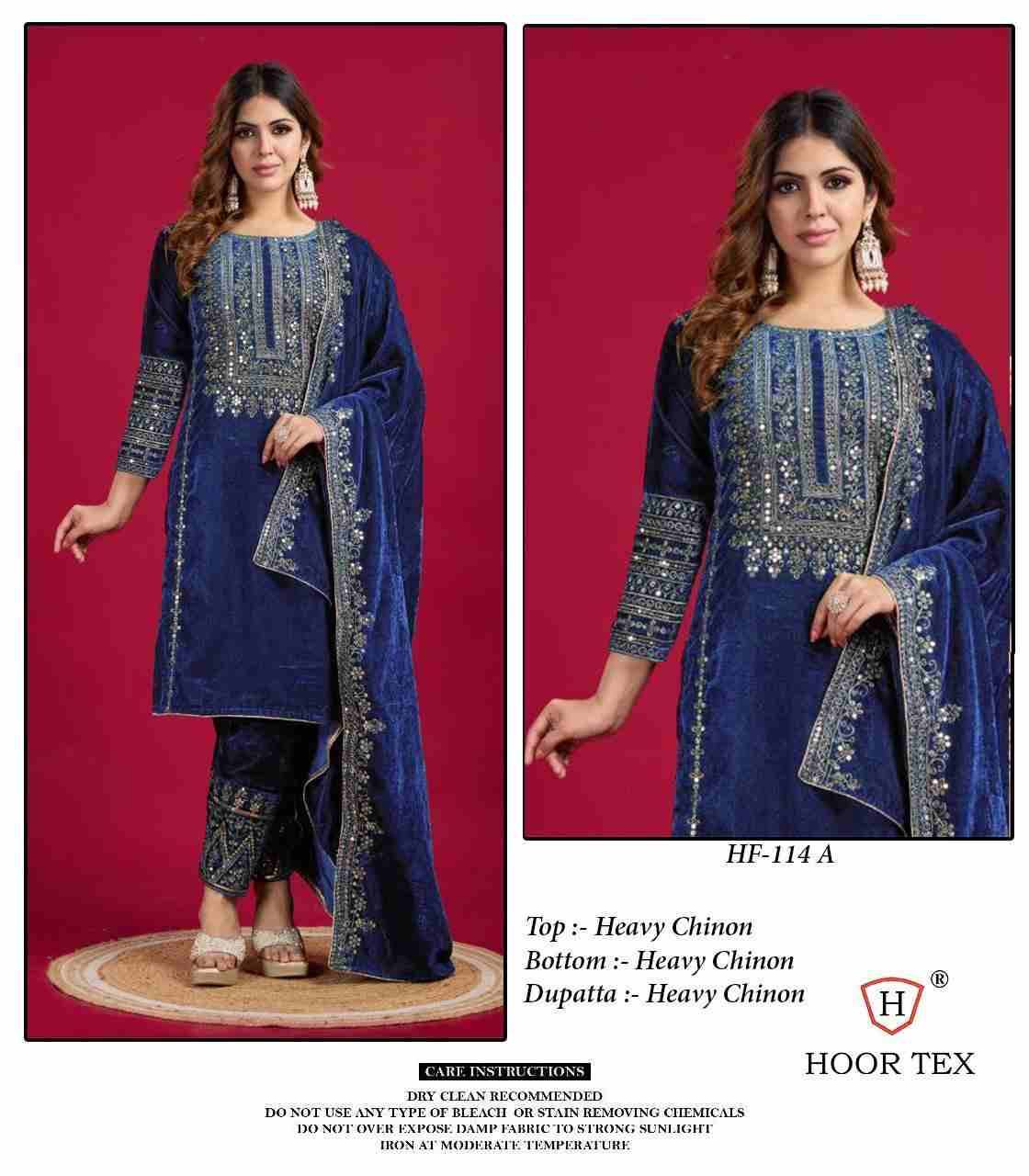 Hoor Tex Hit Design HF-114 Colours By Hoor Tex HF-114-A To HF-114-D Series Beautiful Pakistani Suits Stylish Colorful Fancy Casual Wear & Ethnic Wear Heavy Chinnon Embroidered Dresses At Wholesale Price