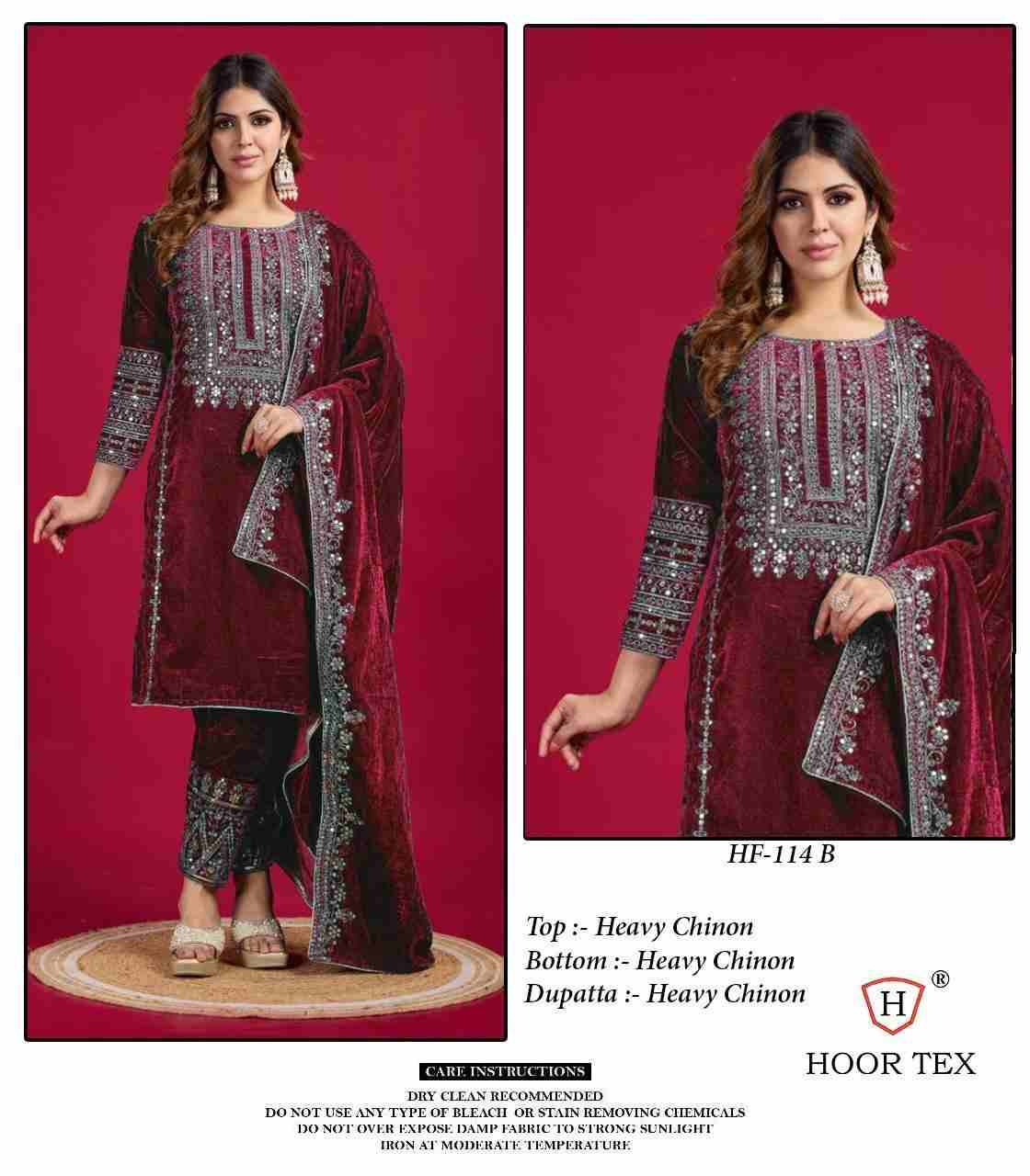 Hoor Tex Hit Design HF-114 Colours By Hoor Tex HF-114-A To HF-114-D Series Beautiful Pakistani Suits Stylish Colorful Fancy Casual Wear & Ethnic Wear Heavy Chinnon Embroidered Dresses At Wholesale Price
