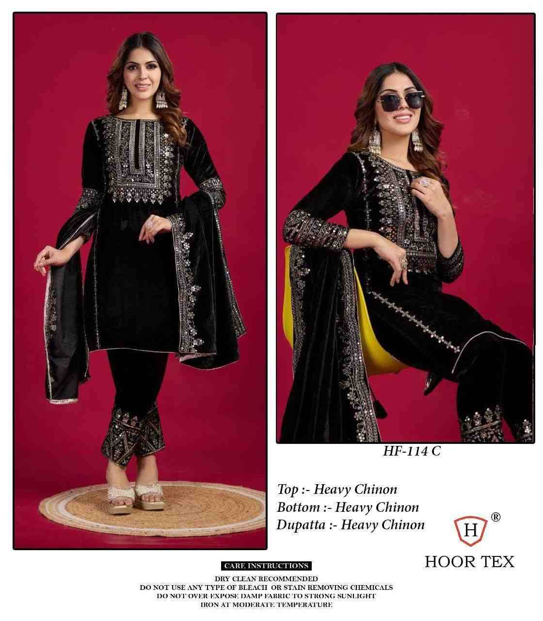 Hoor Tex Hit Design HF-114 Colours By Hoor Tex HF-114-A To HF-114-D Series Beautiful Pakistani Suits Stylish Colorful Fancy Casual Wear & Ethnic Wear Heavy Chinnon Embroidered Dresses At Wholesale Price