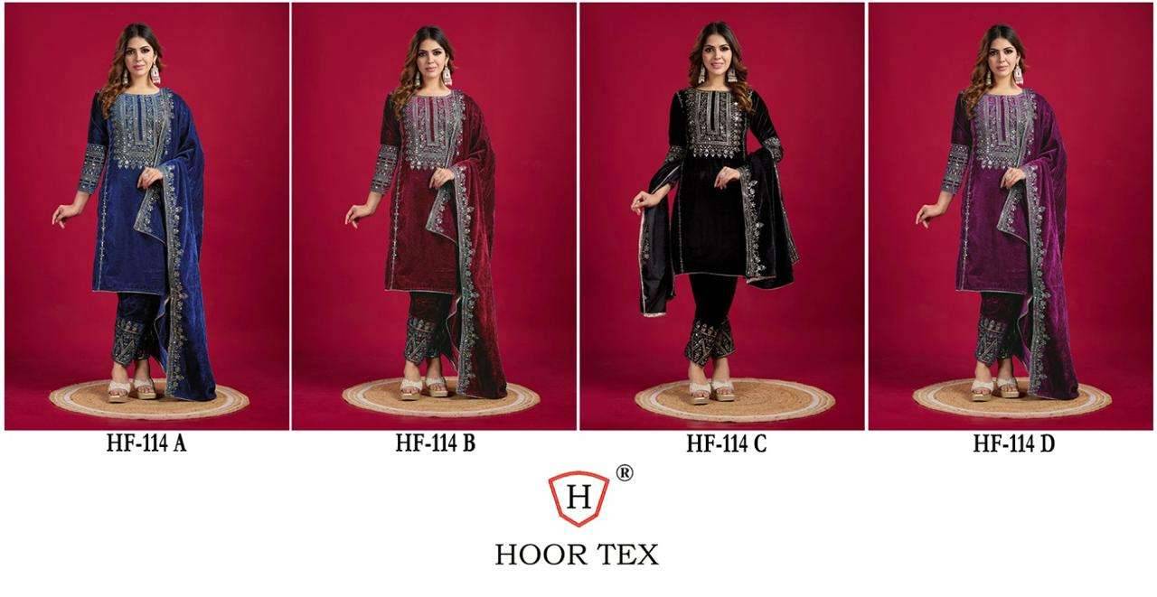 Hoor Tex Hit Design HF-114 Colours By Hoor Tex HF-114-A To HF-114-D Series Beautiful Pakistani Suits Stylish Colorful Fancy Casual Wear & Ethnic Wear Heavy Chinnon Embroidered Dresses At Wholesale Price