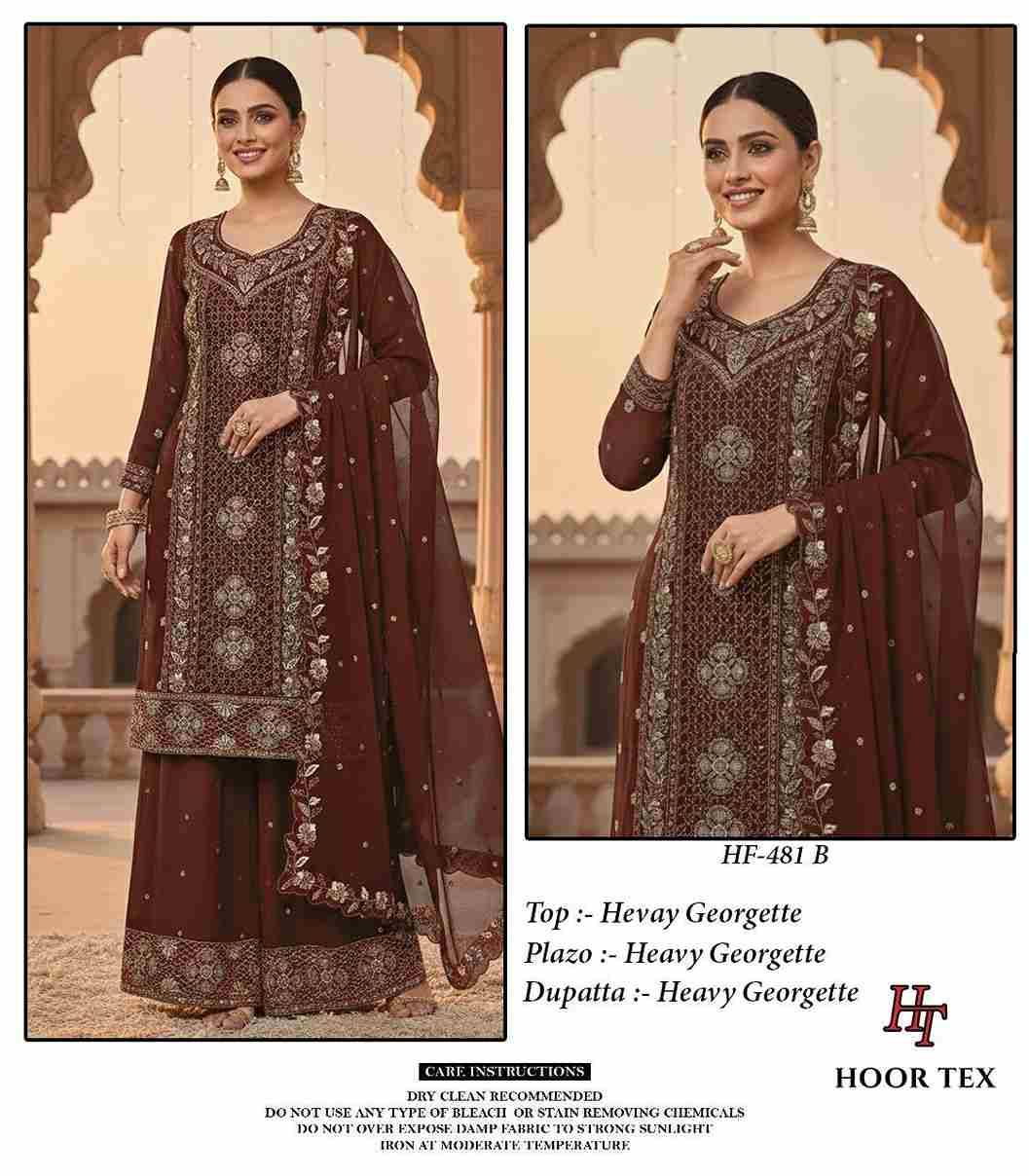 Hoor Tex Hit Design HF-481 Colours By Hoor Tex HF-481-A To HF-481-D Series Beautiful Pakistani Suits Stylish Colorful Fancy Casual Wear & Ethnic Wear Heavy Georgette Embroidered Dresses At Wholesale Price