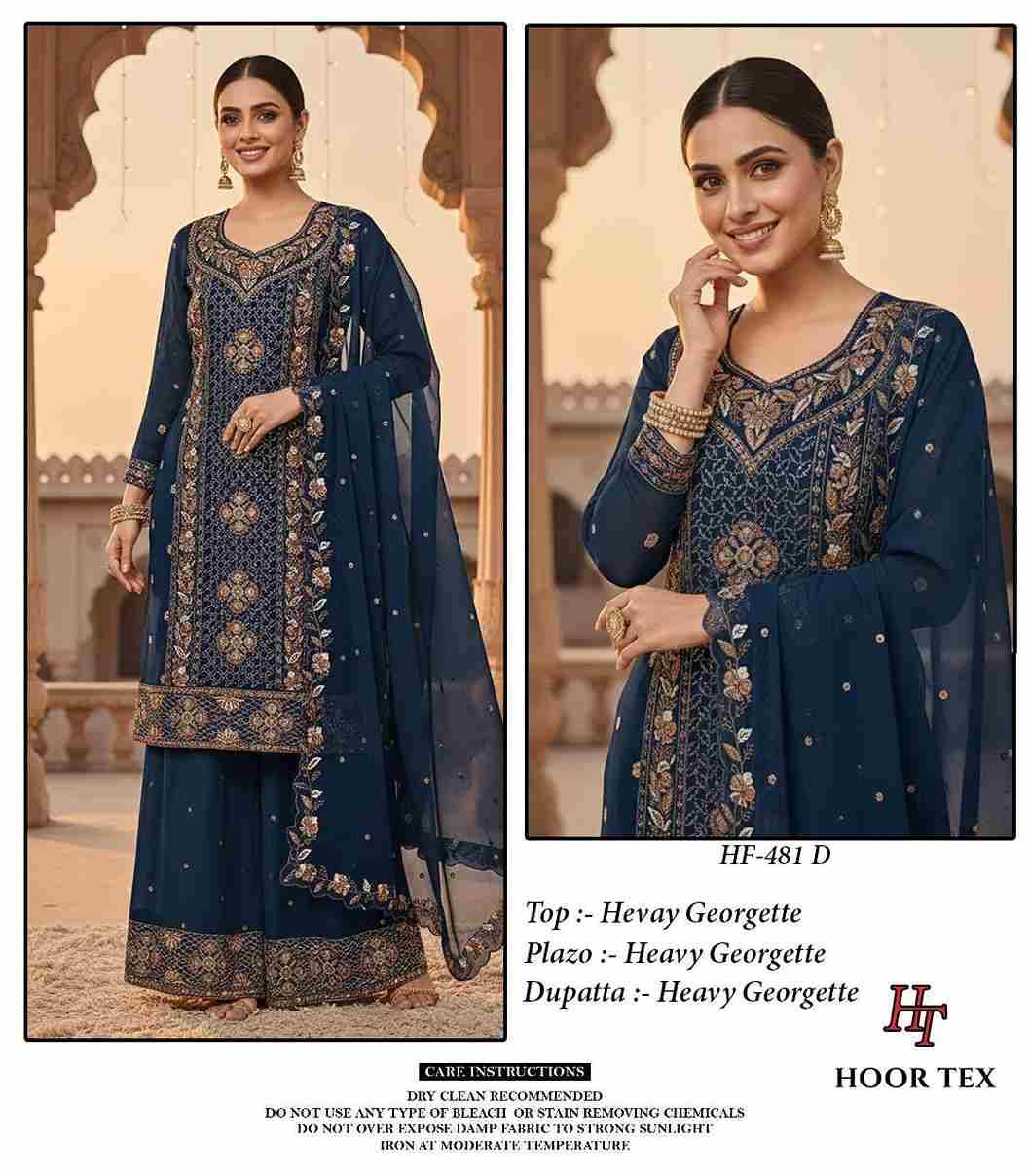 Hoor Tex Hit Design HF-481 Colours By Hoor Tex HF-481-A To HF-481-D Series Beautiful Pakistani Suits Stylish Colorful Fancy Casual Wear & Ethnic Wear Heavy Georgette Embroidered Dresses At Wholesale Price