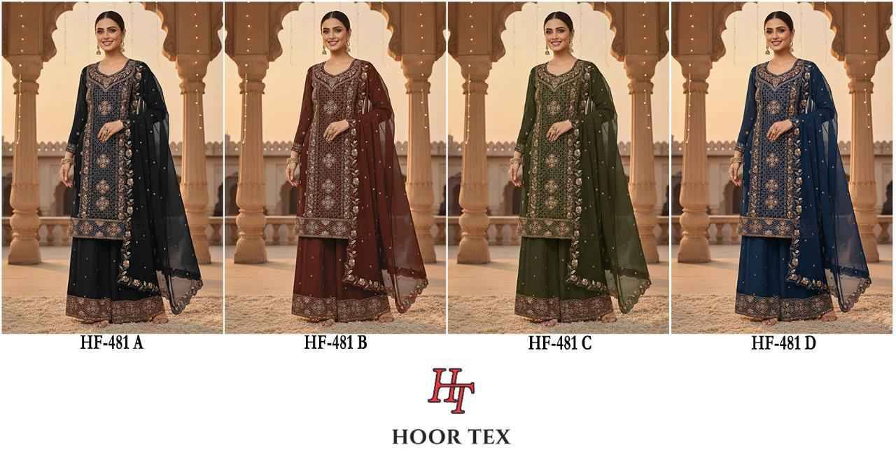 Hoor Tex Hit Design HF-481 Colours By Hoor Tex HF-481-A To HF-481-D Series Beautiful Pakistani Suits Stylish Colorful Fancy Casual Wear & Ethnic Wear Heavy Georgette Embroidered Dresses At Wholesale Price