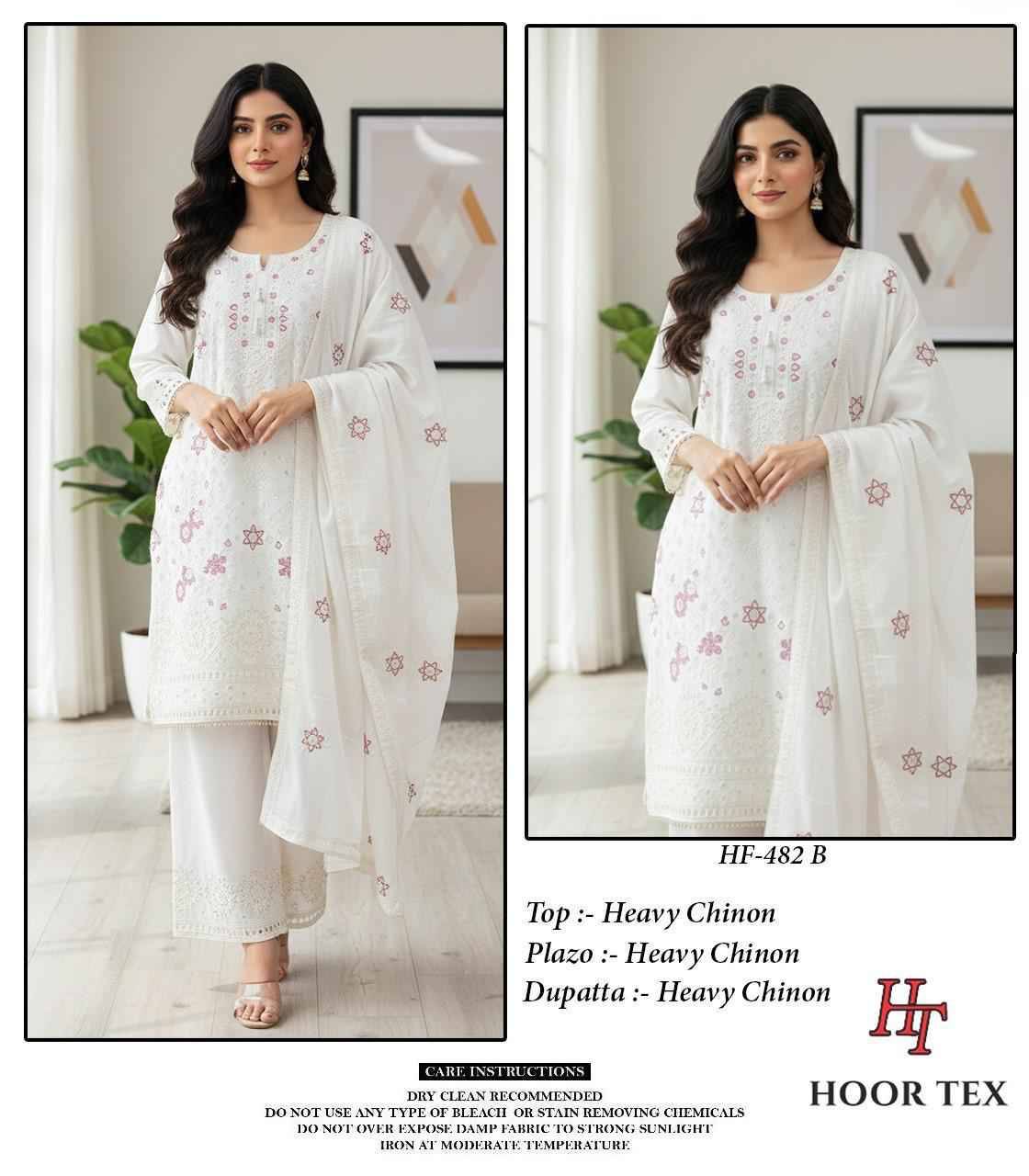 Hoor Tex Hit Design HF-482 Colours By Hoor Tex HF-482-A To HF-482-D Series Designer Festive Pakistani Suits Collection Beautiful Stylish Fancy Colorful Party Wear & Occasional Wear Heavy Chinnon With Embroidered Dresses At Wholesale Price