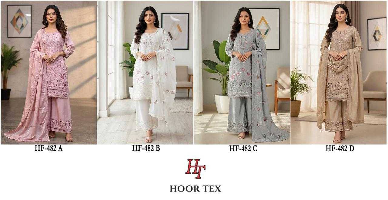 Hoor Tex Hit Design HF-482 Colours By Hoor Tex HF-482-A To HF-482-D Series Designer Festive Pakistani Suits Collection Beautiful Stylish Fancy Colorful Party Wear & Occasional Wear Heavy Chinnon With Embroidered Dresses At Wholesale Price
