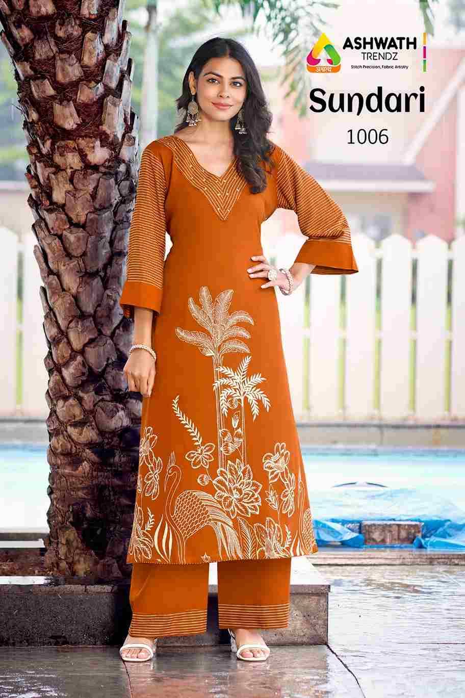 Sundari By Ashwath Trendz 1001 To 1006 Series Designer Stylish Fancy Colorful Beautiful Party Wear & Ethnic Wear Collection Rayon Kurtis With Bottom At Wholesale Price