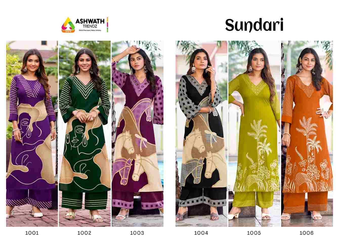 Sundari By Ashwath Trendz 1001 To 1006 Series Designer Stylish Fancy Colorful Beautiful Party Wear & Ethnic Wear Collection Rayon Kurtis With Bottom At Wholesale Price