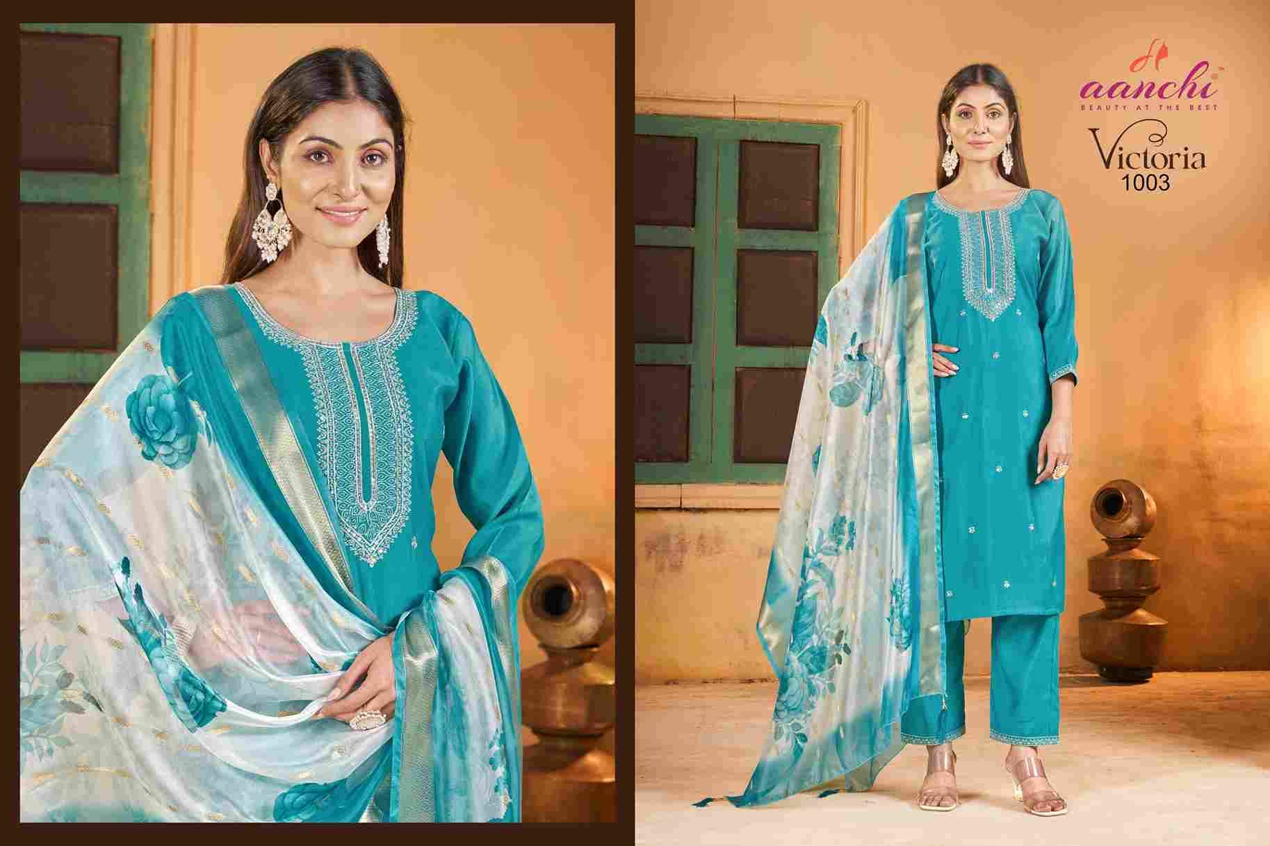 Victoria By Aanchi 1001 To 1004 Series Beautiful Stylish Festive Suits Fancy Colorful Casual Wear & Ethnic Wear & Ready To Wear Roman Silk Dresses At Wholesale Price