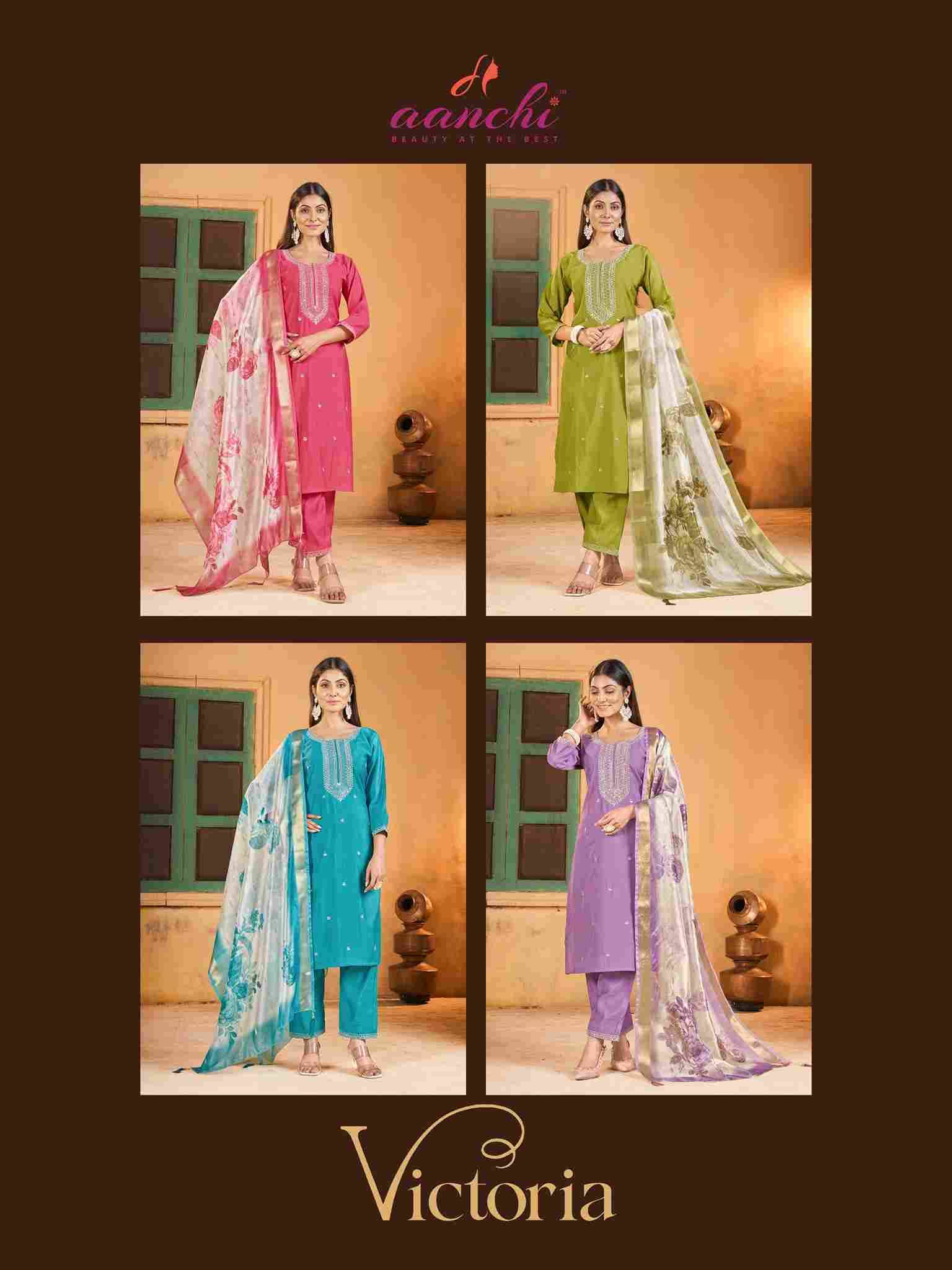 Victoria By Aanchi 1001 To 1004 Series Beautiful Stylish Festive Suits Fancy Colorful Casual Wear & Ethnic Wear & Ready To Wear Roman Silk Dresses At Wholesale Price