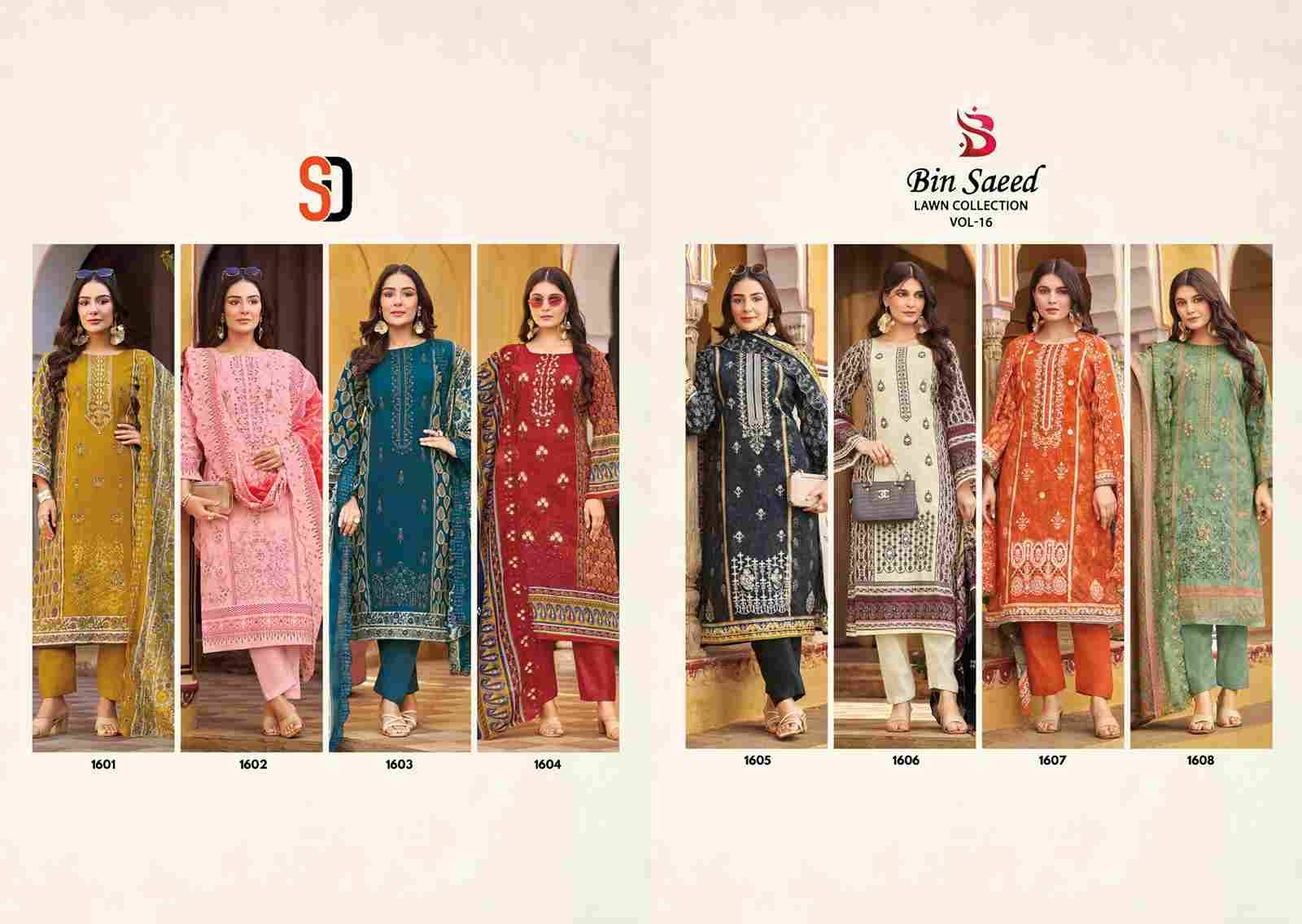 Bin Saeed Lawn Collection Vol-16 By Shraddha Designer 1601 To 1608 Series Designer Pakistani Suits Beautiful Fancy Stylish Colorful Party Wear & Occasional Wear Pure Cotton Print With Embroidery Dresses At Wholesale Price
